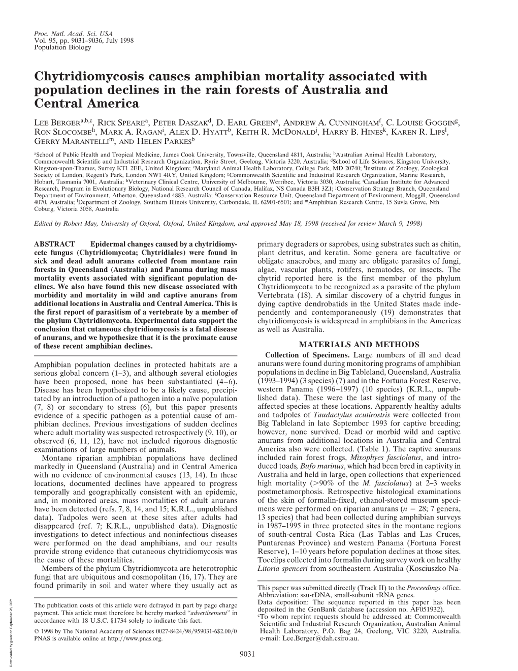 Chytridiomycosis Causes Amphibian Mortality Associated with Population Declines in the Rain Forests of Australia and Central America