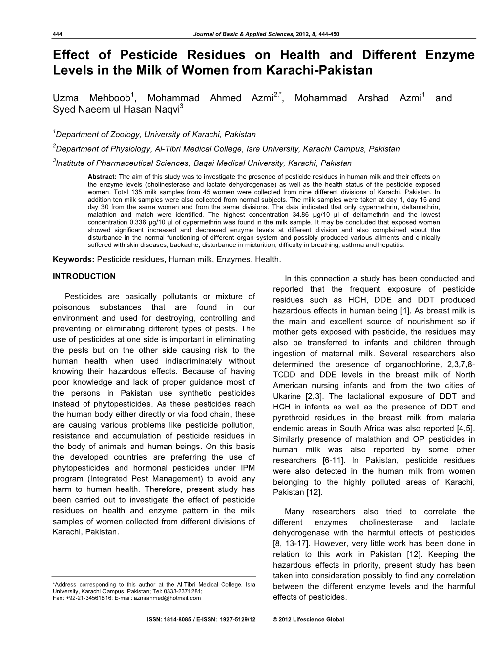 Effect of Pesticide Residues on Health and Different Enzyme Levels in the Milk of Women from Karachi-Pakistan