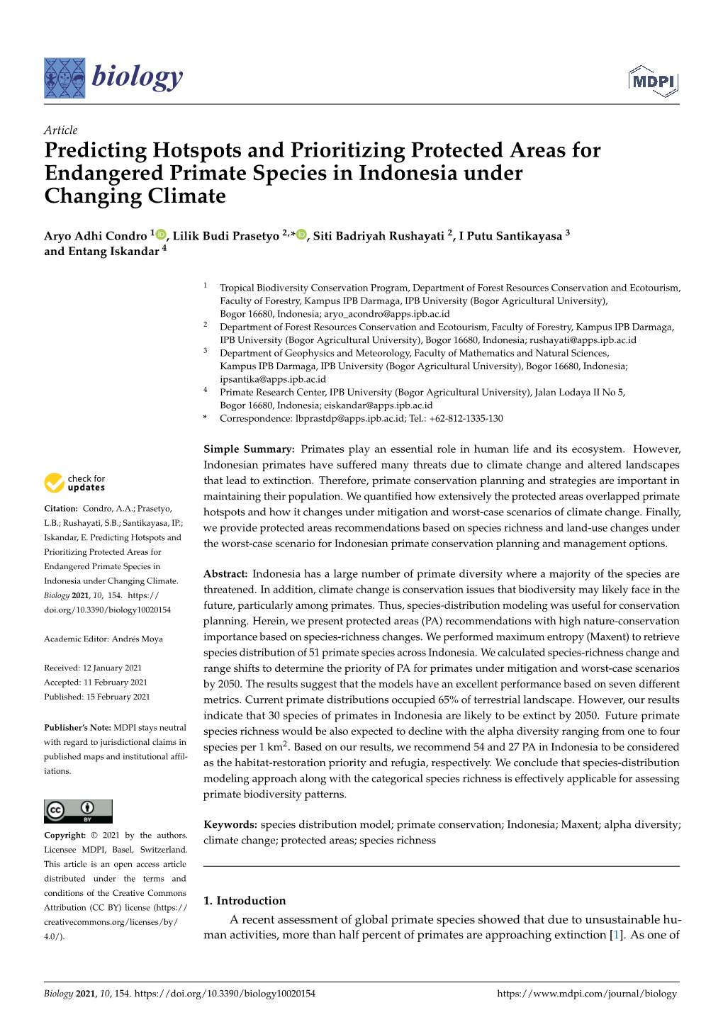 Predicting Hotspots and Prioritizing Protected Areas for Endangered Primate Species in Indonesia Under Changing Climate