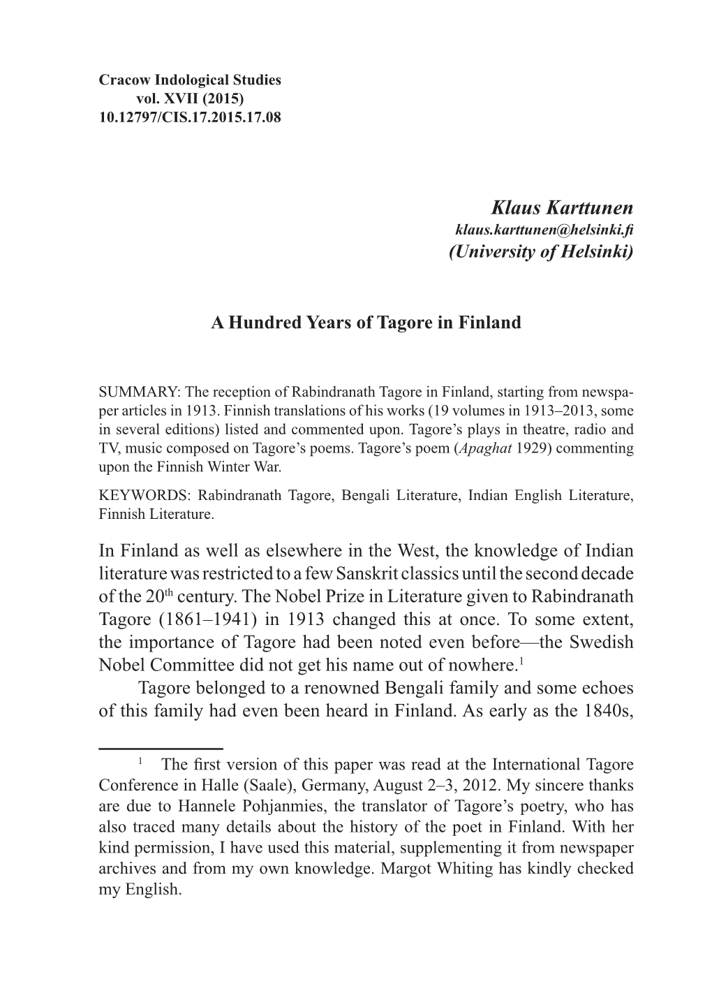 A Hundred Years of Tagore in Finland