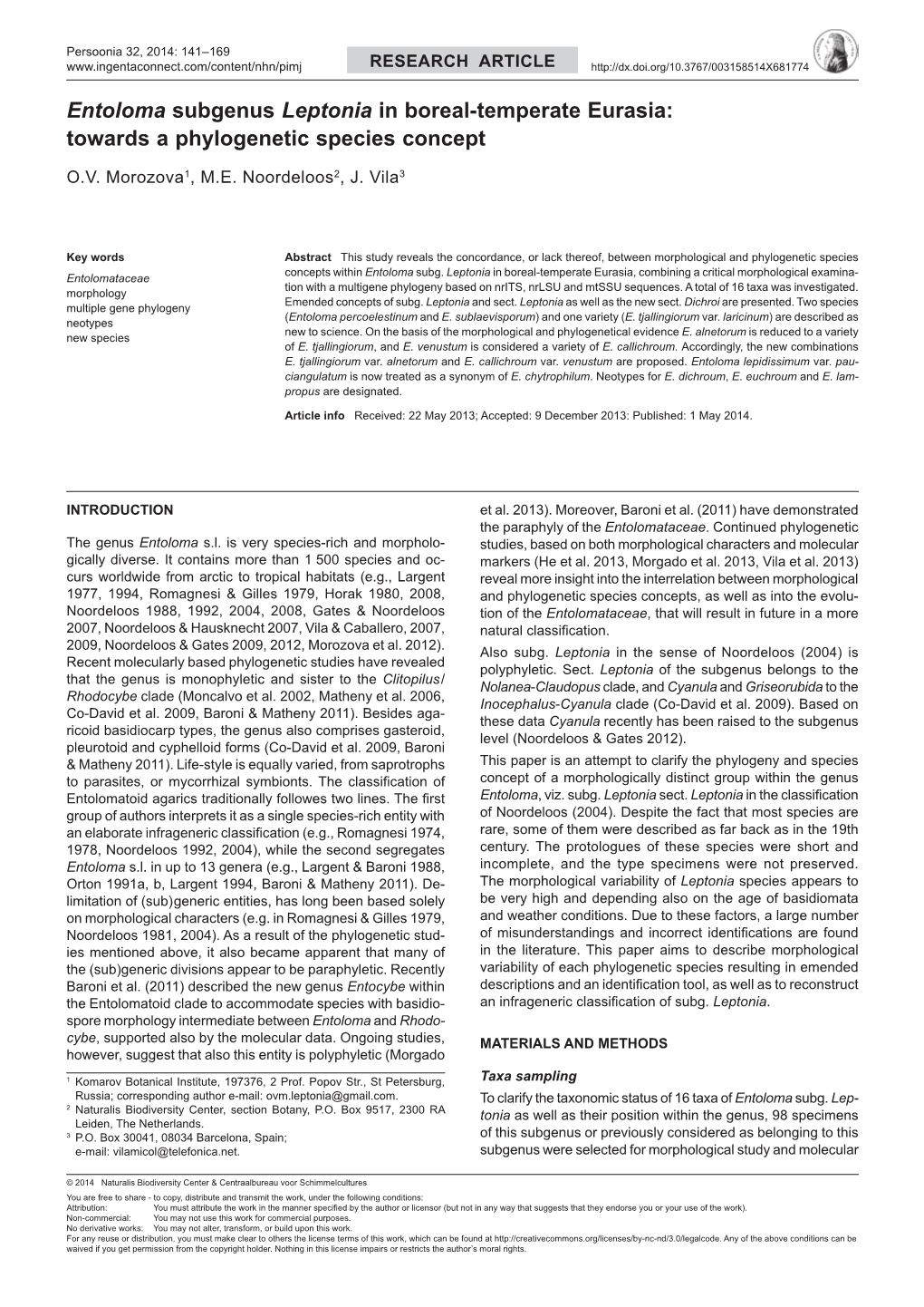 Entoloma Subgenus Leptonia in Boreal-Temperate Eurasia: Towards a Phylogenetic Species Concept