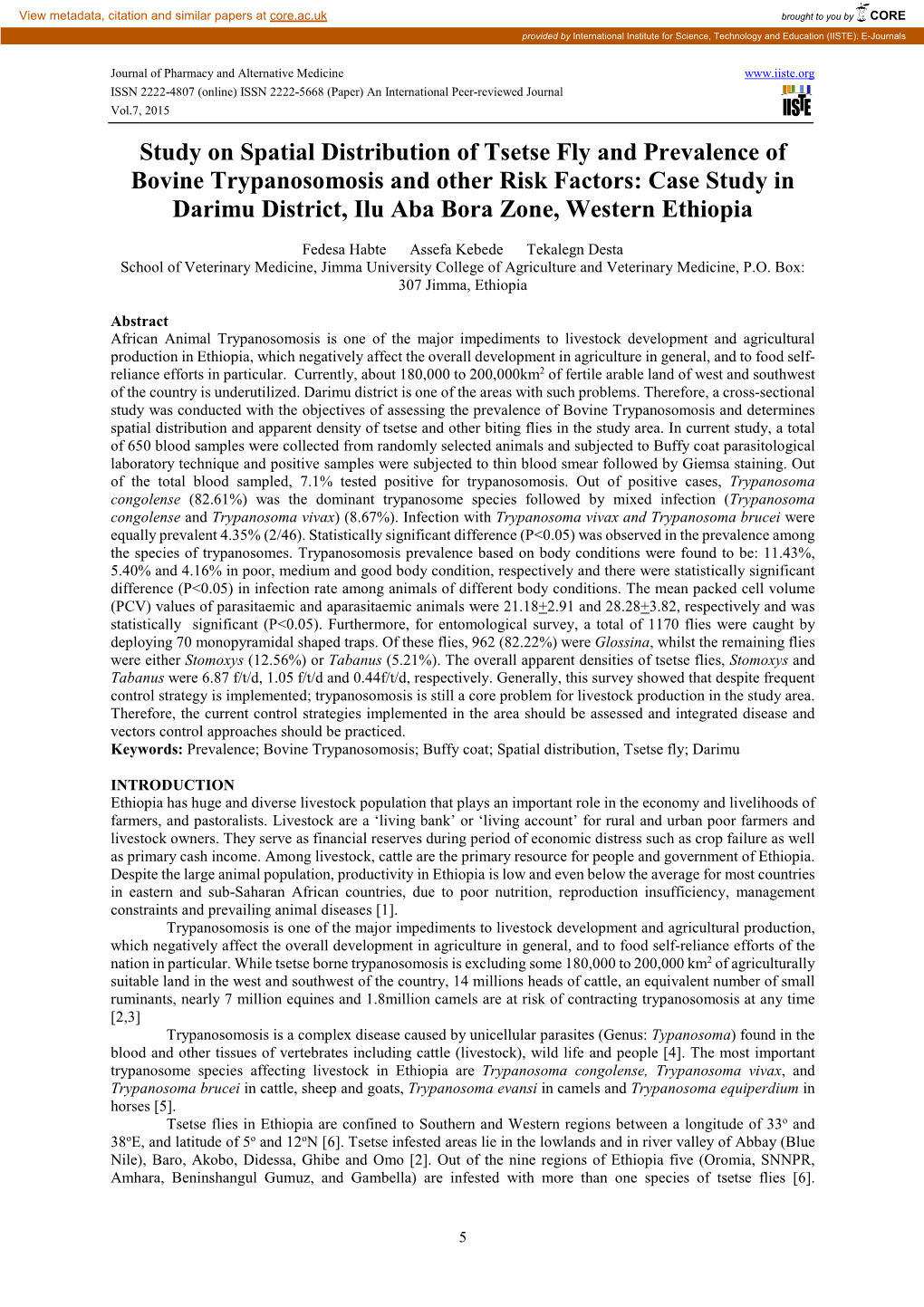 Study on Spatial Distribution of Tsetse Fly and Prevalence Of