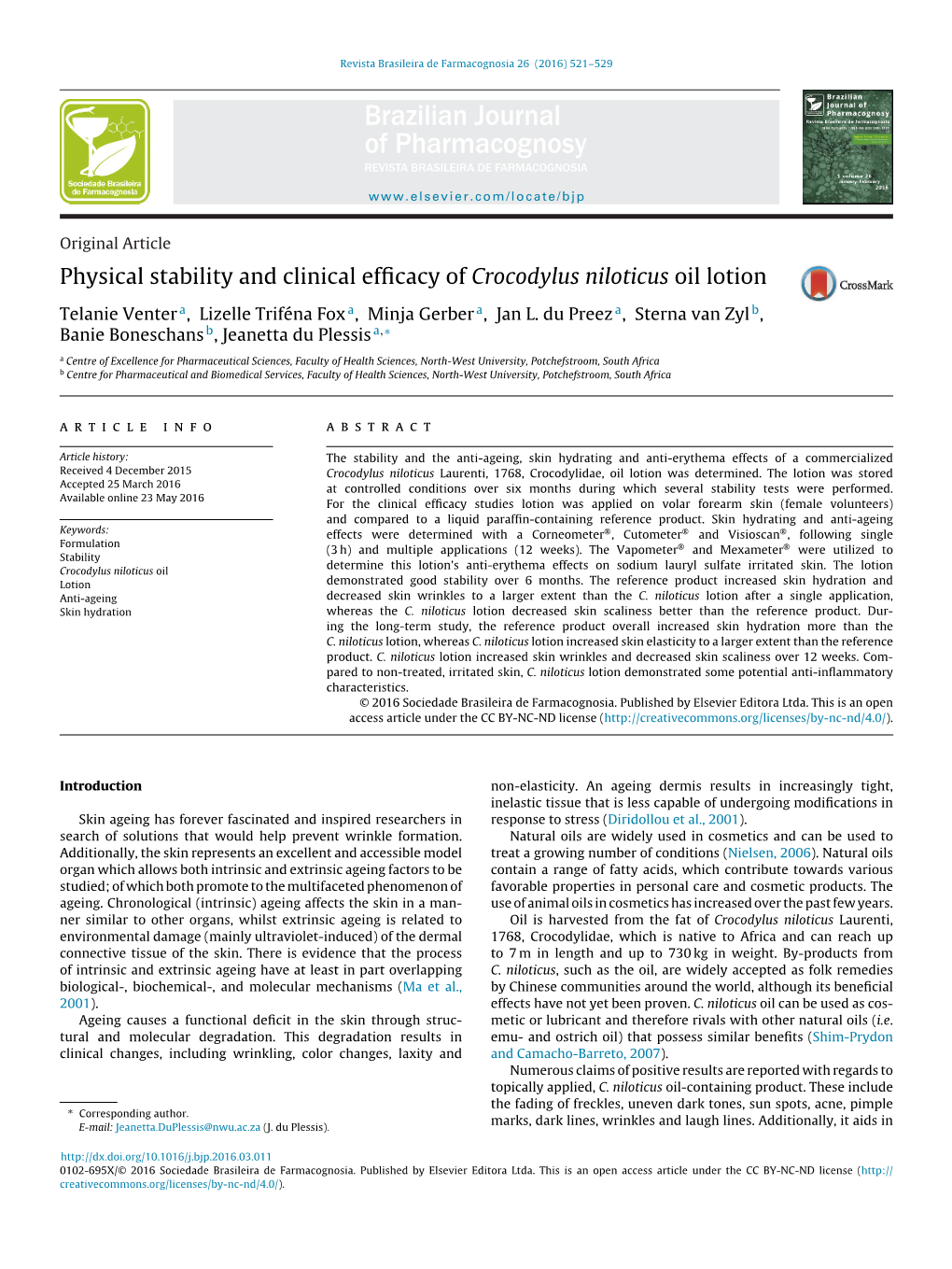 Physical Stability and Clinical Efficacy of Crocodylus Niloticus Oil Lotion