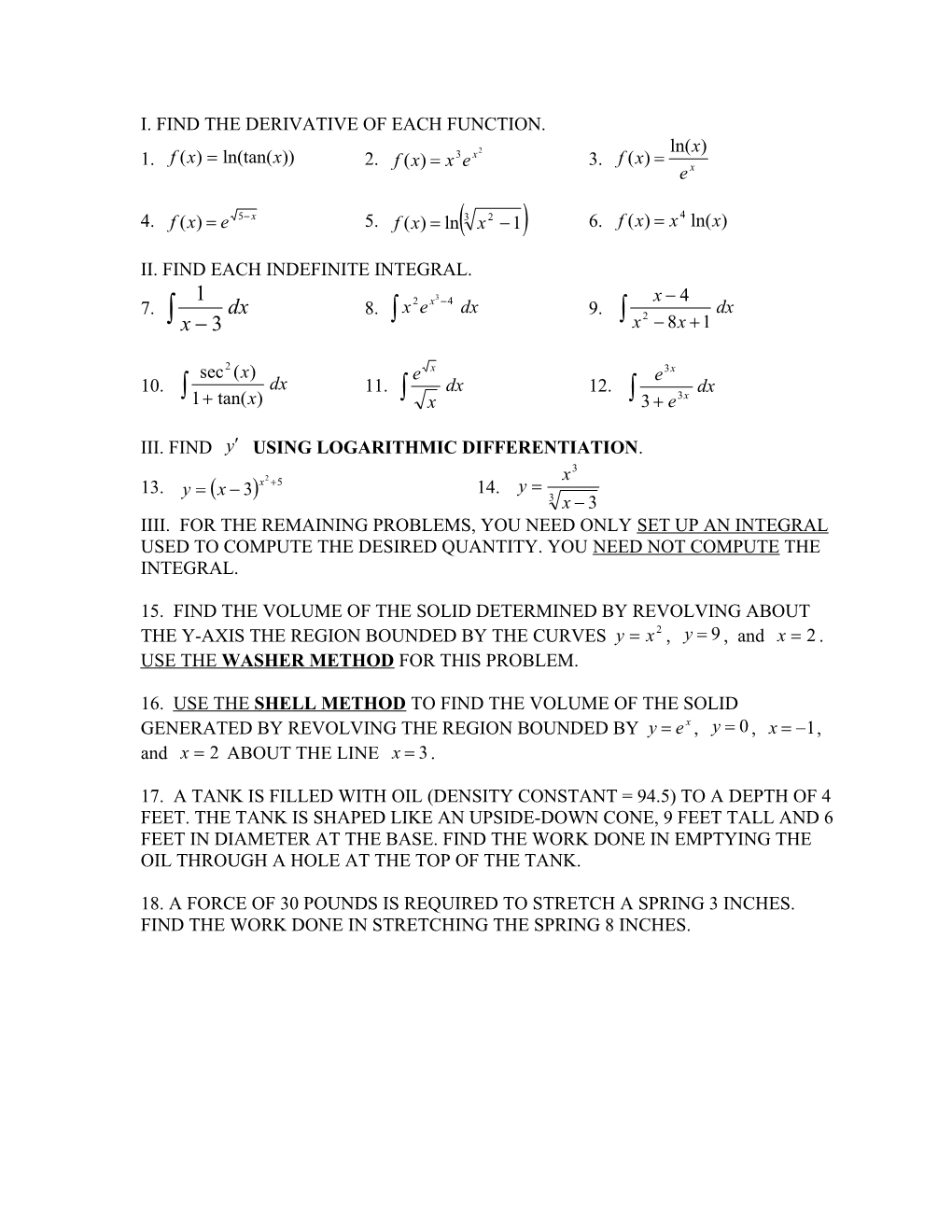 I. Find the Derivative of Each Function