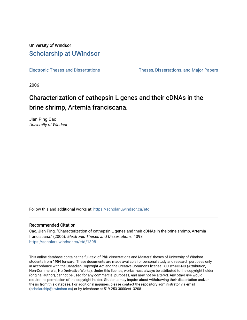 Characterization of Cathepsin L Genes and Their Cdnas in the Brine Shrimp, Artemia Franciscana