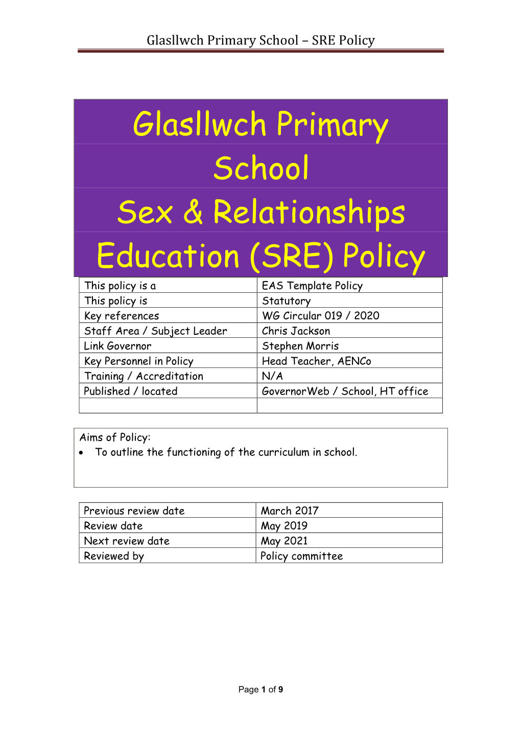 Glasllwch Primary School Sex & Relationships Education (SRE) Policy