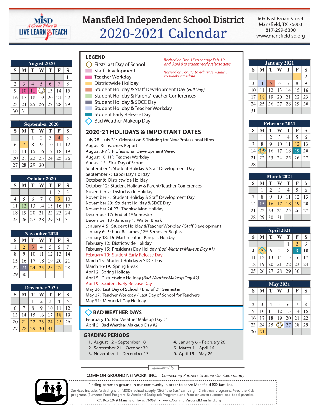 Mansfield Independent School District 2020-2021 Calendar