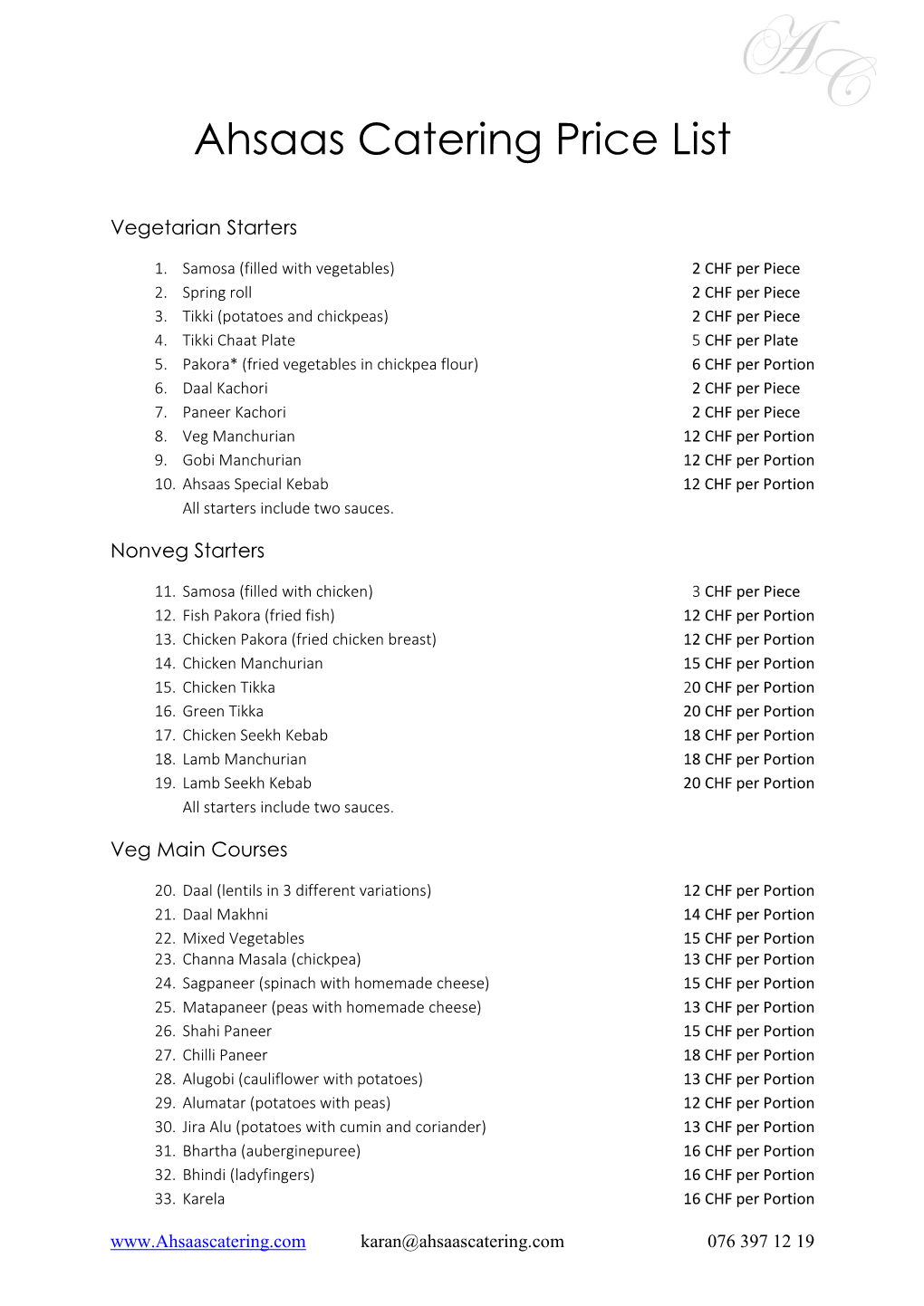 Ahsaas Catering Price List