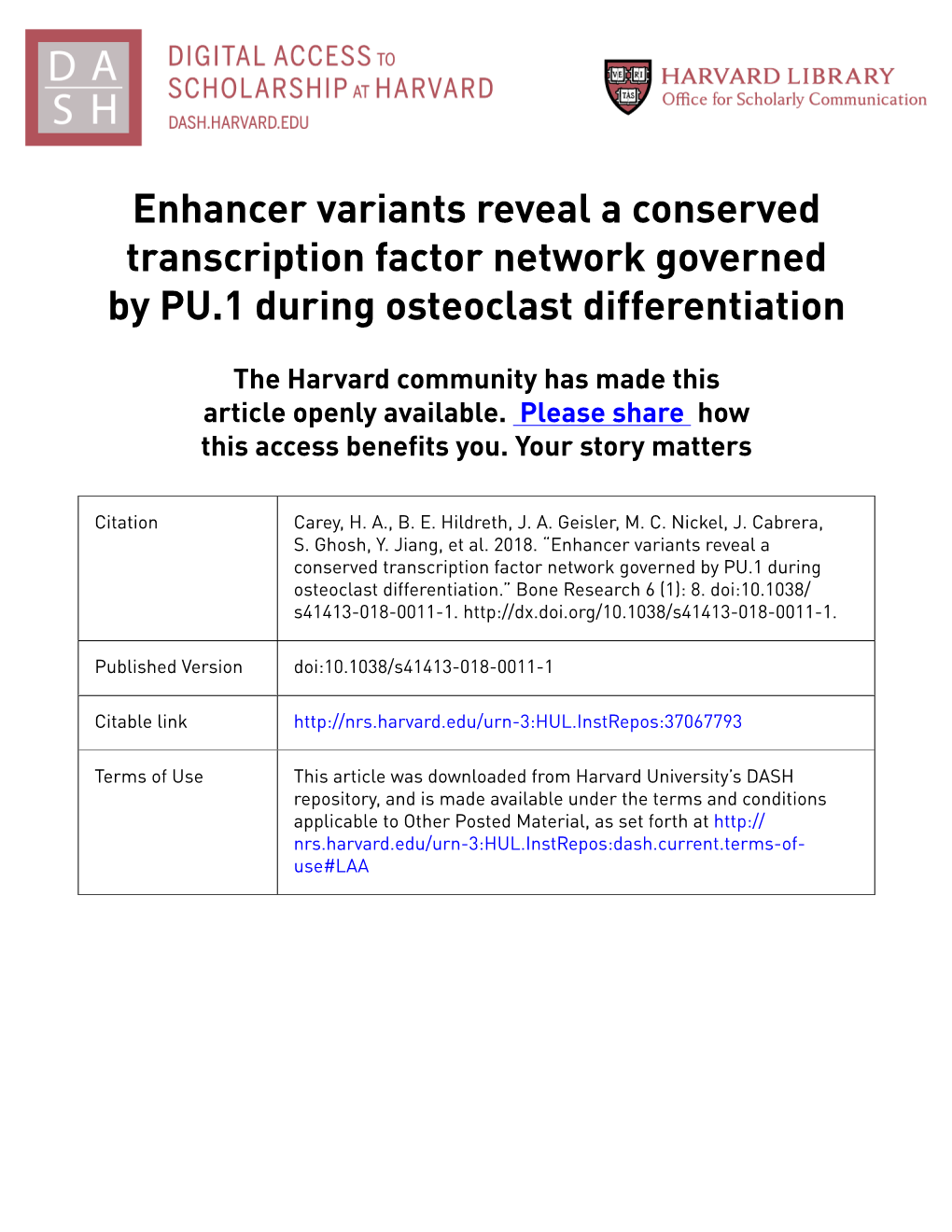 Enhancer Variants Reveal a Conserved Transcription Factor Network Governed by PU.1 During Osteoclast Differentiation