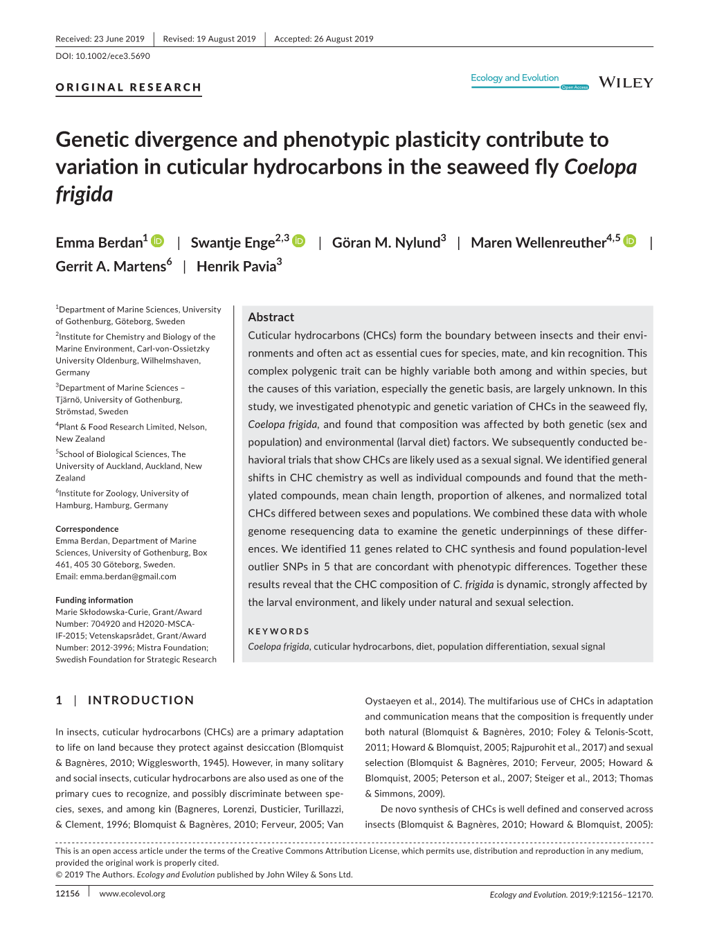 Genetic Divergence and Phenotypic Plasticity Contribute to Variation in Cuticular Hydrocarbons in the Seaweed Fly Coelopa Frigida