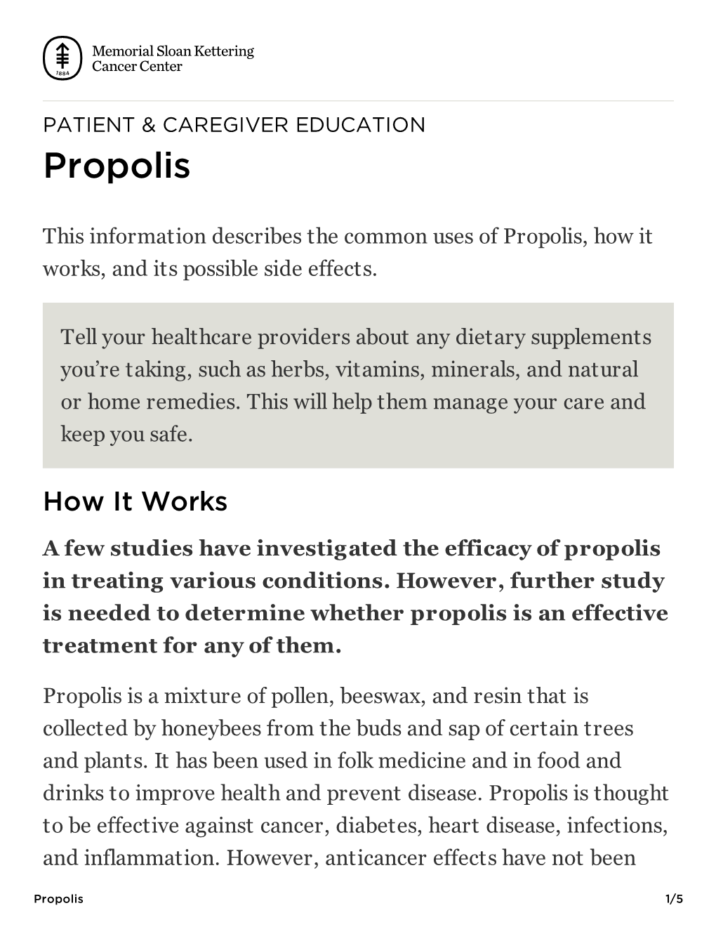 Propolis | Memorial Sloan Kettering Cancer Center