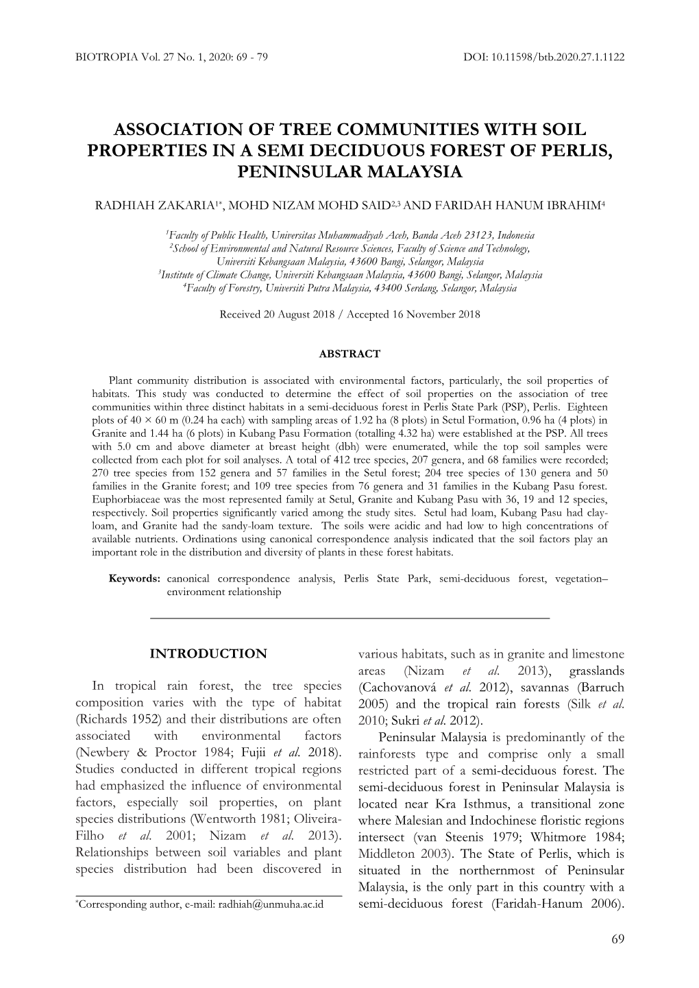 Association of Tree Communities with Soil Properties in a Semi Deciduous Forest of Perlis, Peninsular Malaysia