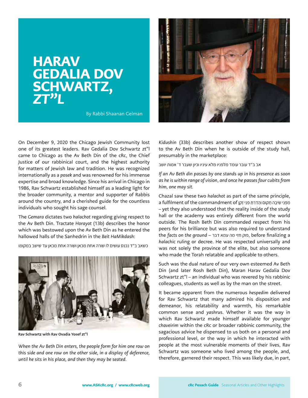 HARAV GEDALIA DOV SCHWARTZ, ZT”L by Rabbi Shaanan Gelman