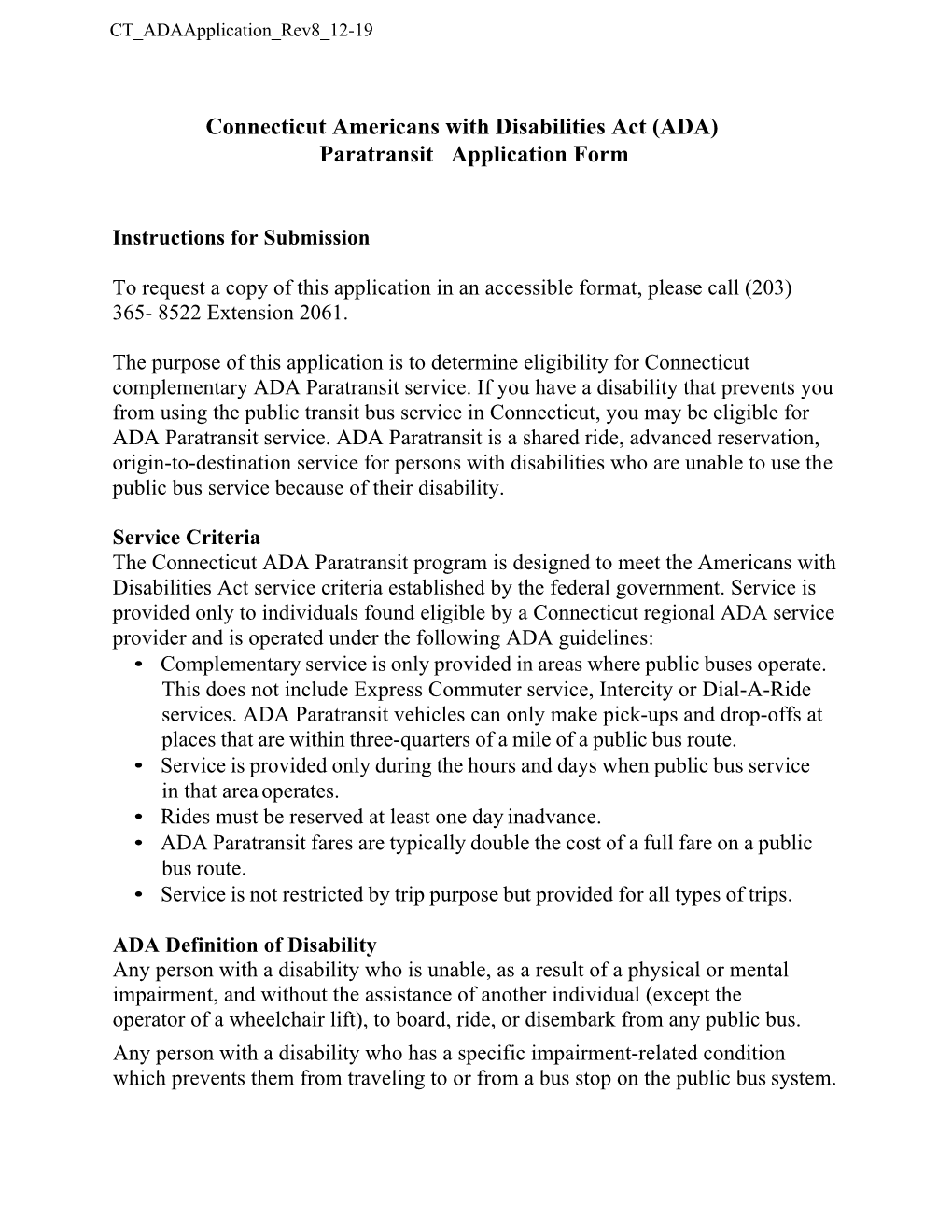 Connecticut Americans with Disabilities Act (ADA) Paratransit Application Form