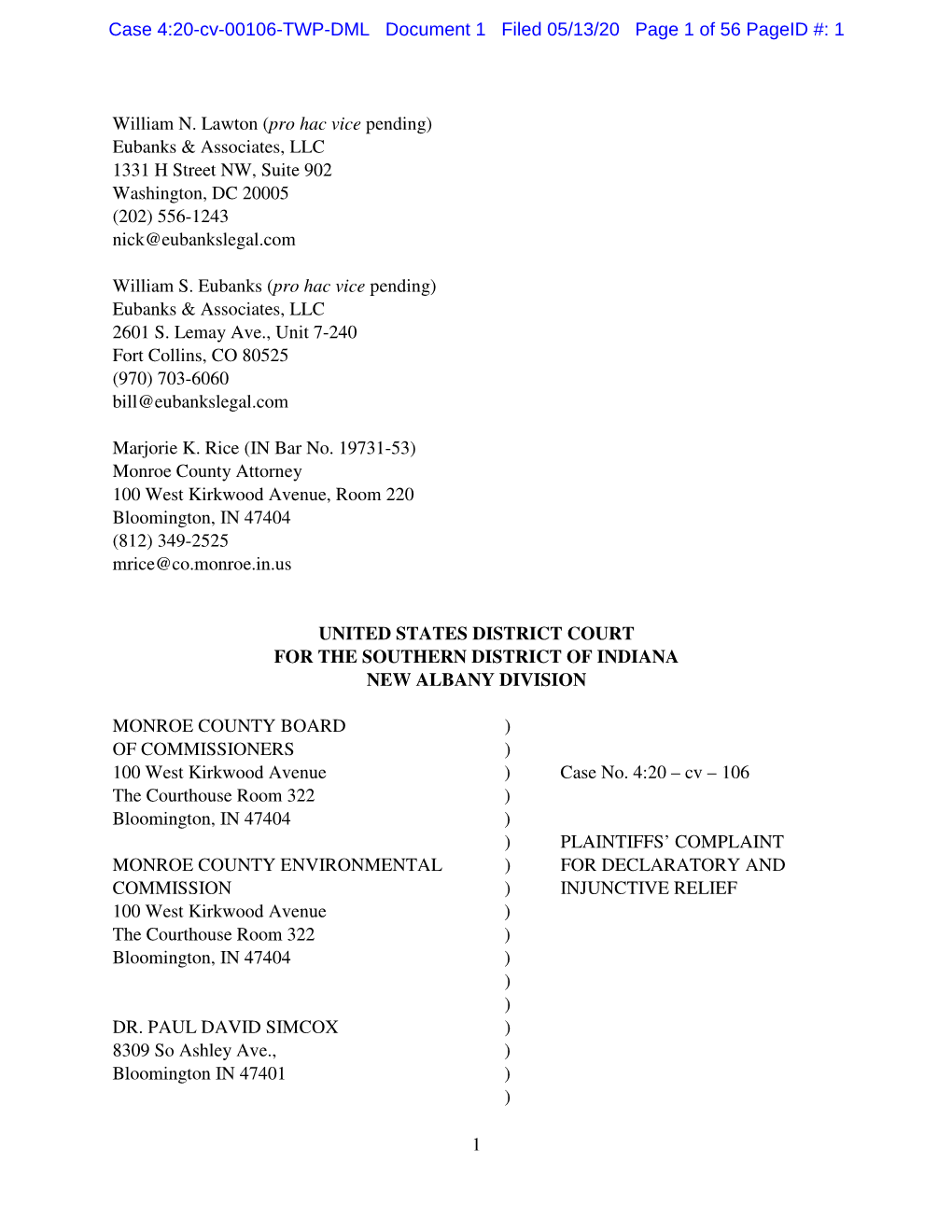 Case 4:20-Cv-00106-TWP-DML Document 1 Filed 05/13/20 Page 1 of 56 Pageid #: 1