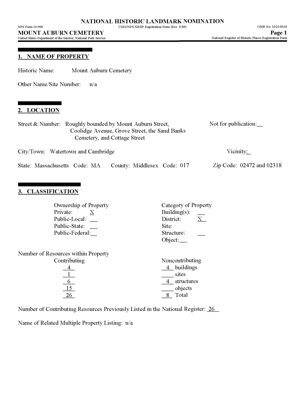 MOUNT AUBURN CEMETERY Page 1 United States Department of the Interior, National Park Service National Register of Historic Places Registration Form