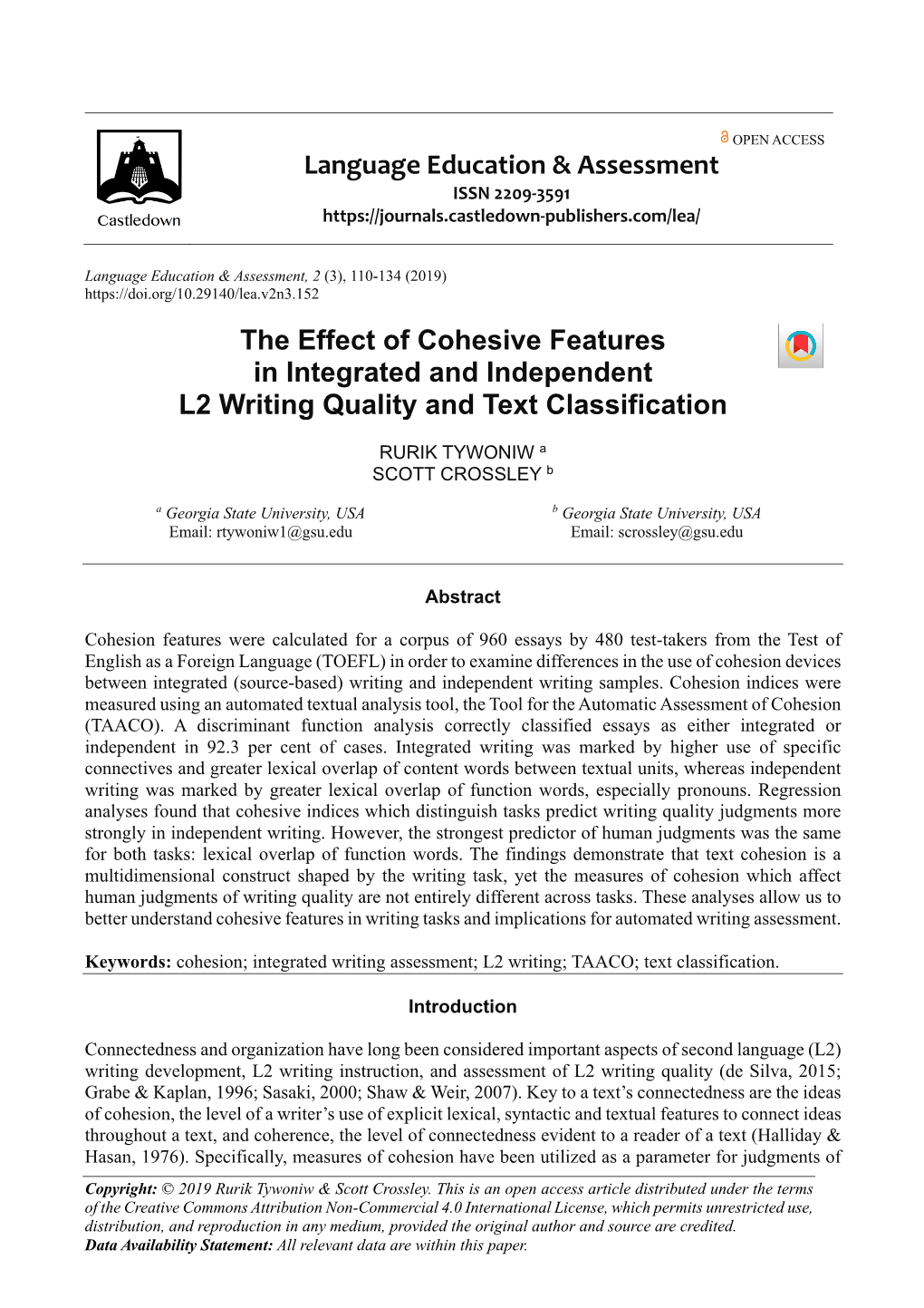 Language Education & Assessment the Effect of Cohesive Features In