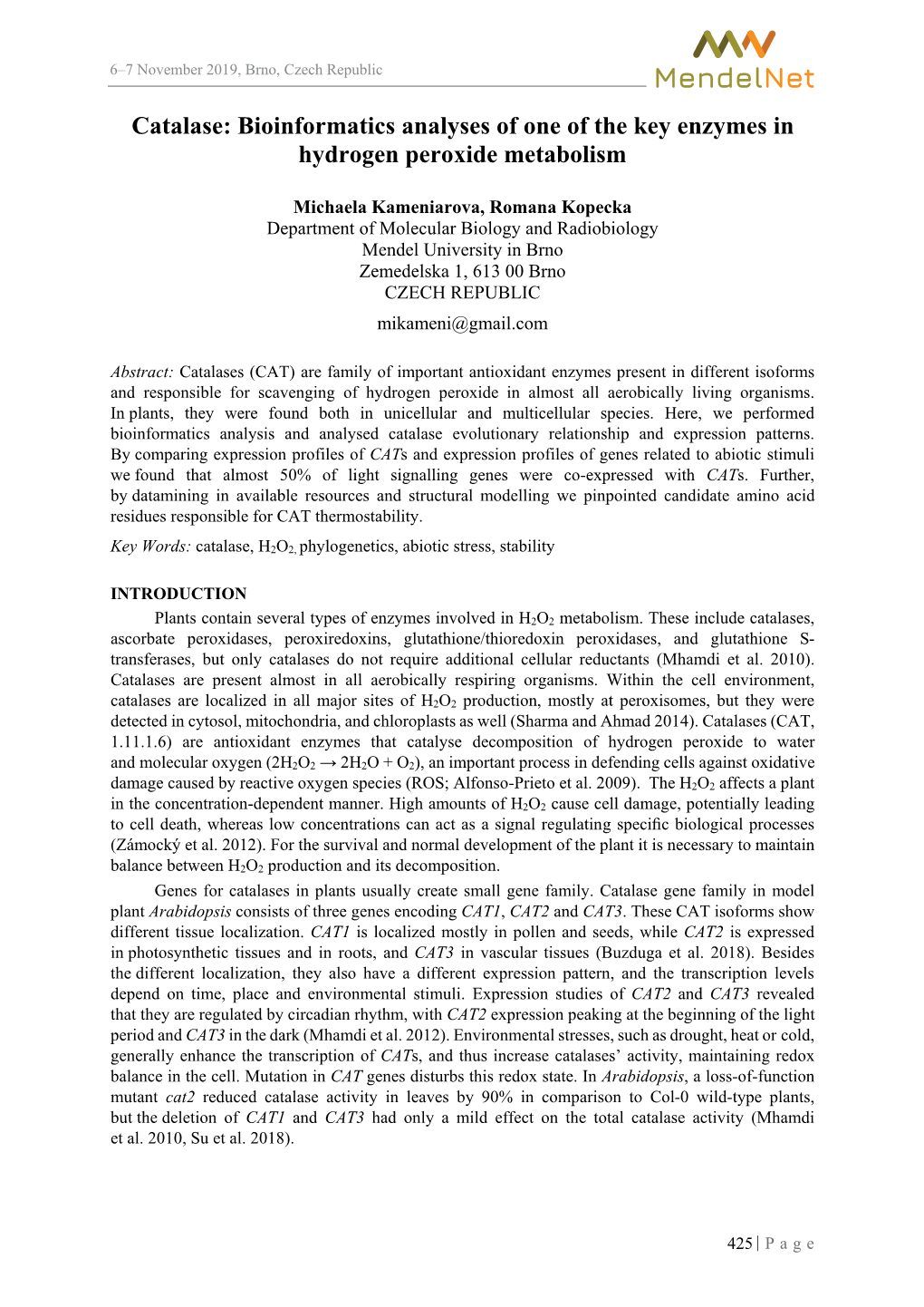 Catalase: Bioinformatics Analyses of One of the Key Enzymes in Hydrogen Peroxide Metabolism