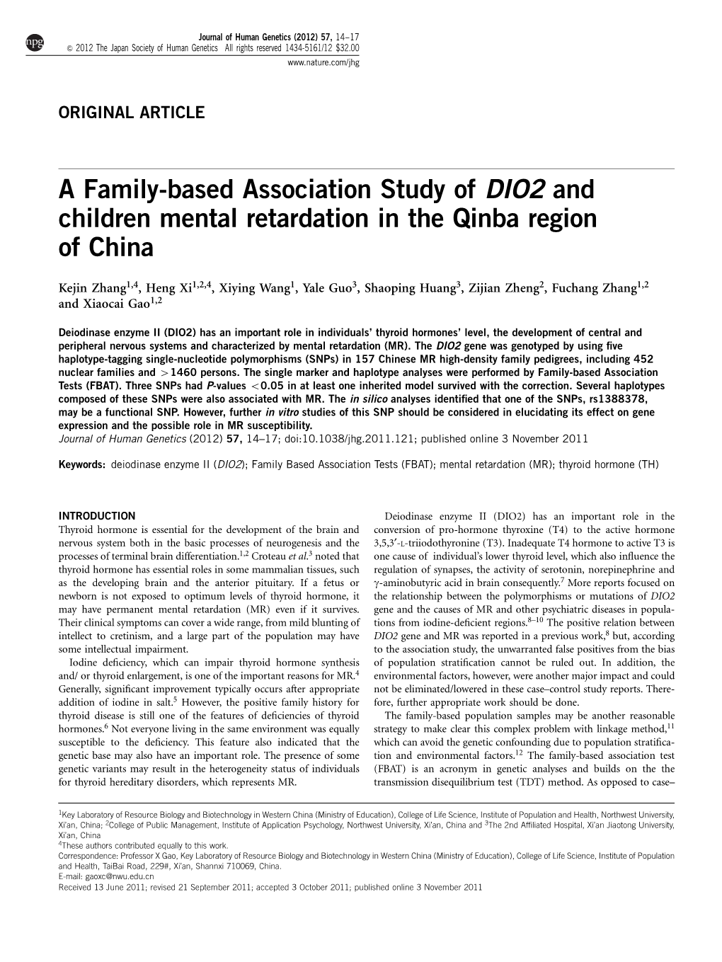 A Family-Based Association Study of DIO2 and Children Mental Retardation in the Qinba Region of China