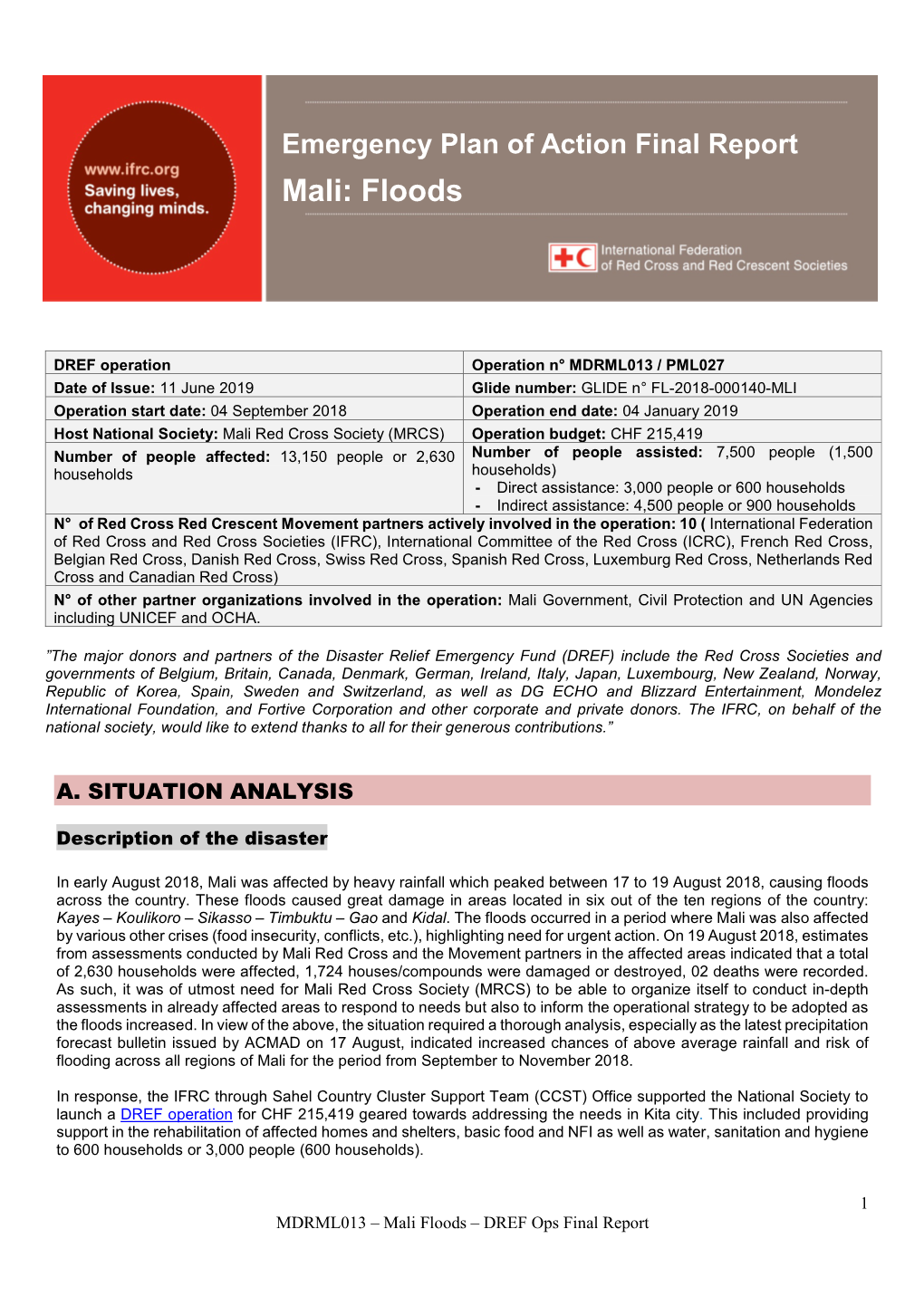 Emergency Plan of Action Final Report Mali: Floods