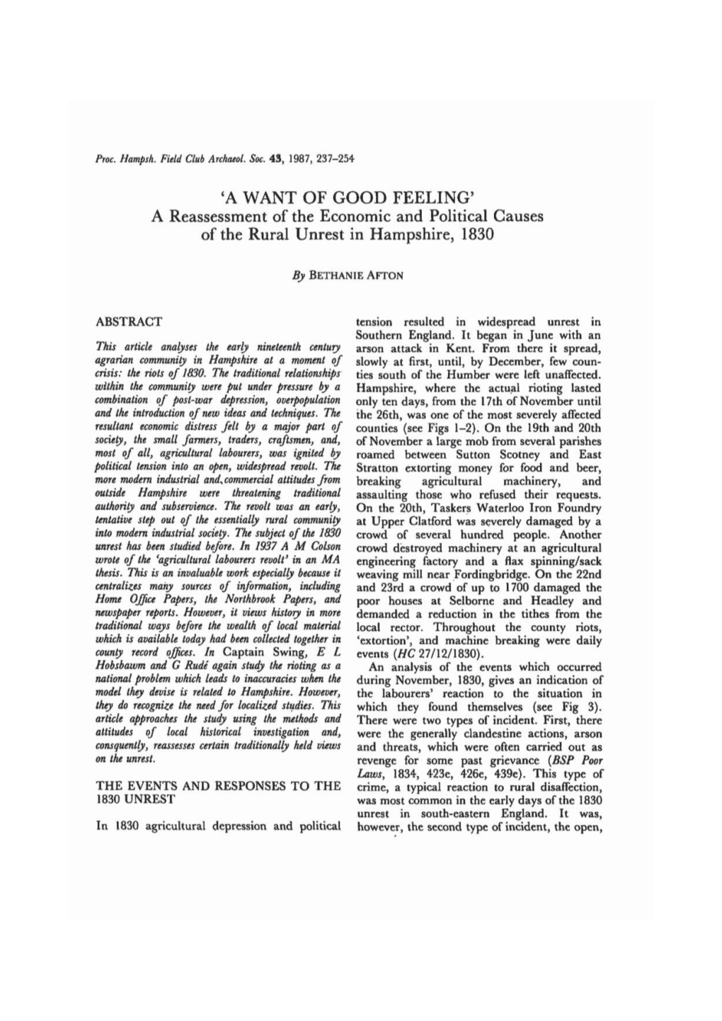 'A WANT of GOOD FEELING' a Reassessment of the Economic and Political Causes of the Rural Unrest in Hampshire, 1830