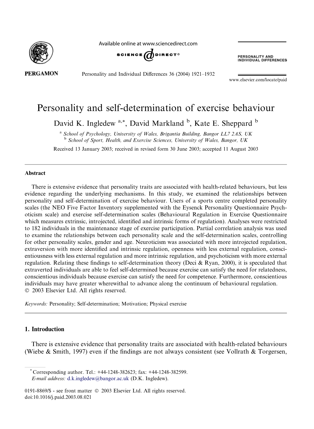 Personality and Self-Determination of Exercise Behaviour David K