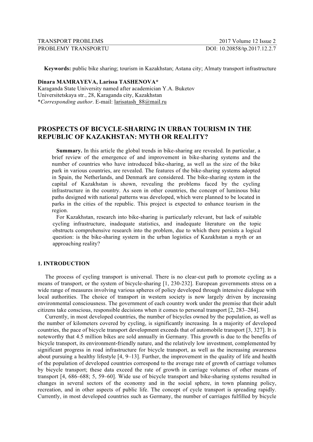 Prospects of Bicycle-Sharing in Urban Tourism in the Republic of Kazakhstan: Myth Or Reality?