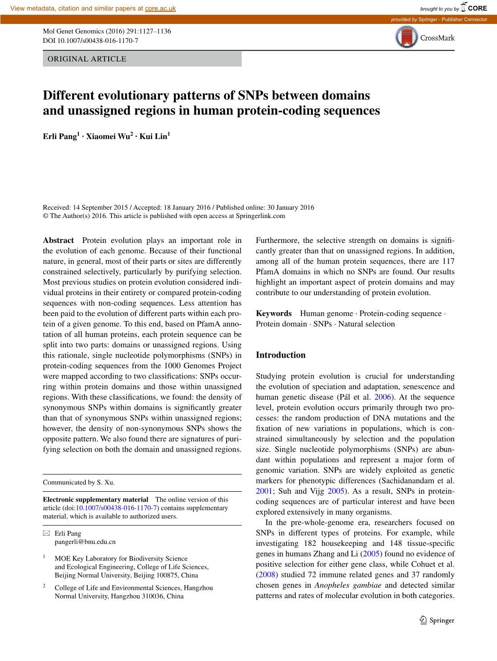 Different Evolutionary Patterns of Snps Between Domains and Unassigned Regions in Human Protein‑Coding Sequences