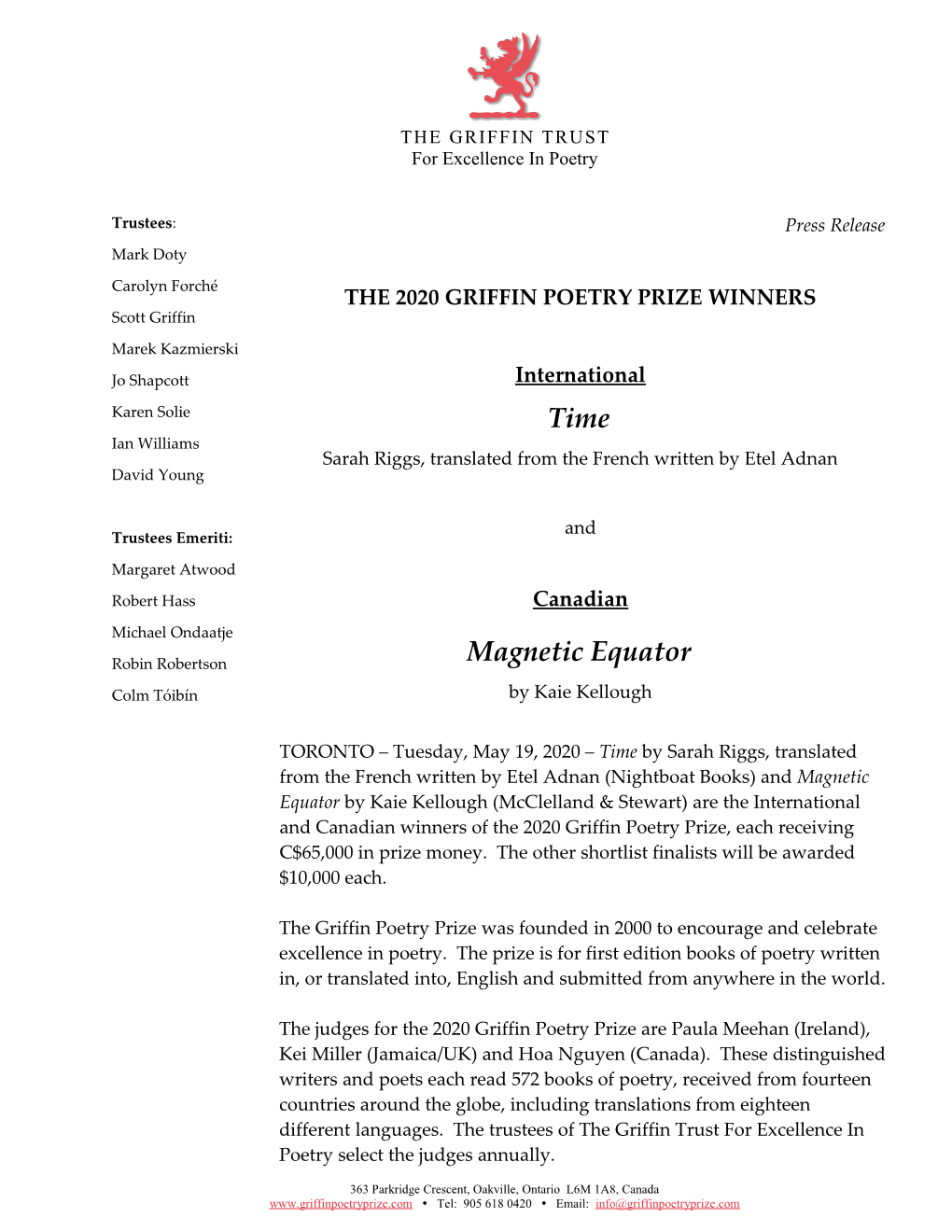 The Griffin Poetry Prize Announces the 2020 International And