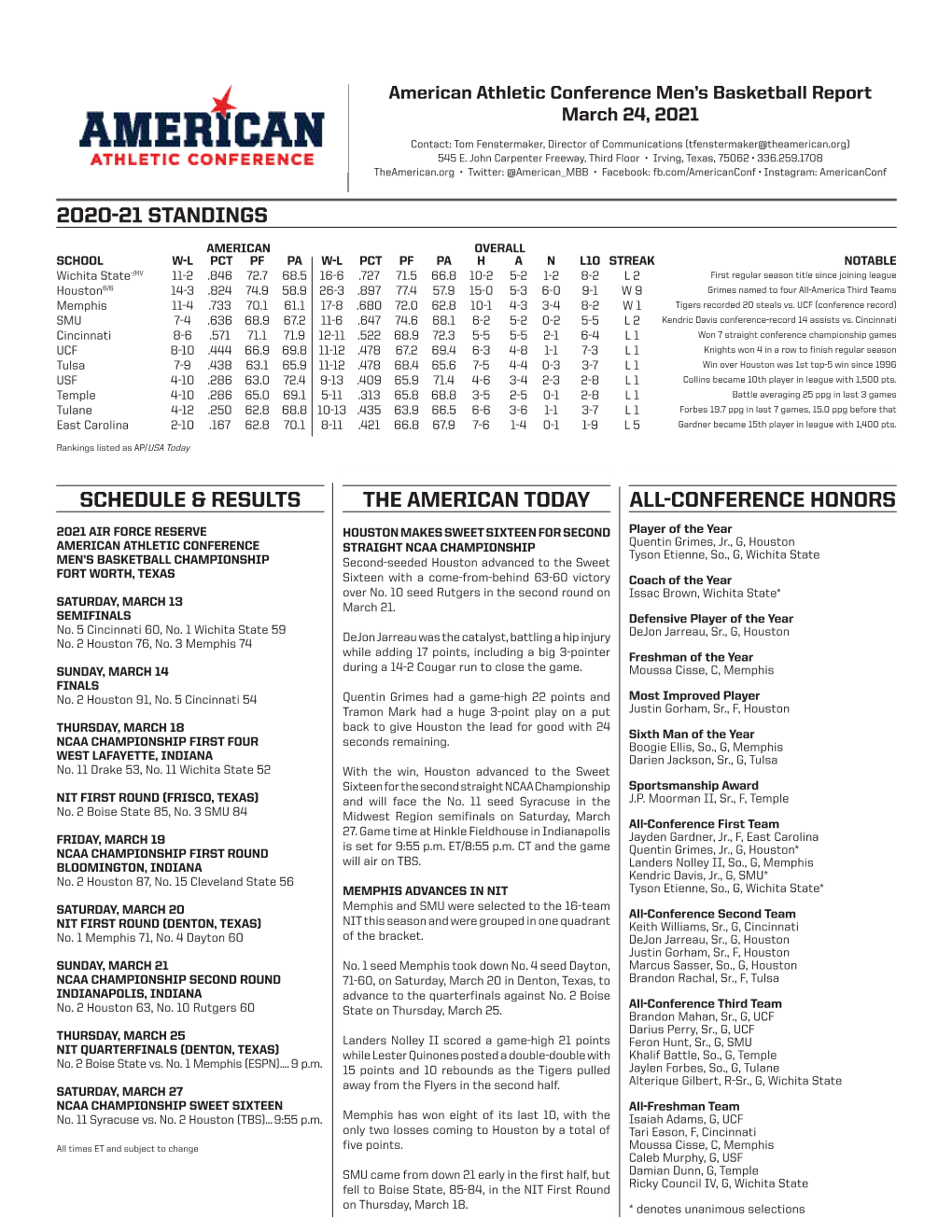 The American Today 2020-21 Standings All-Conference