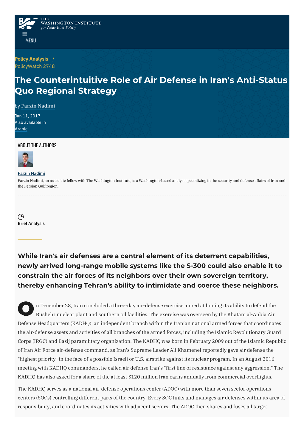 The Counterintuitive Role of Air Defense in Iran's Anti-Status Quo Regional Strategy by Farzin Nadimi