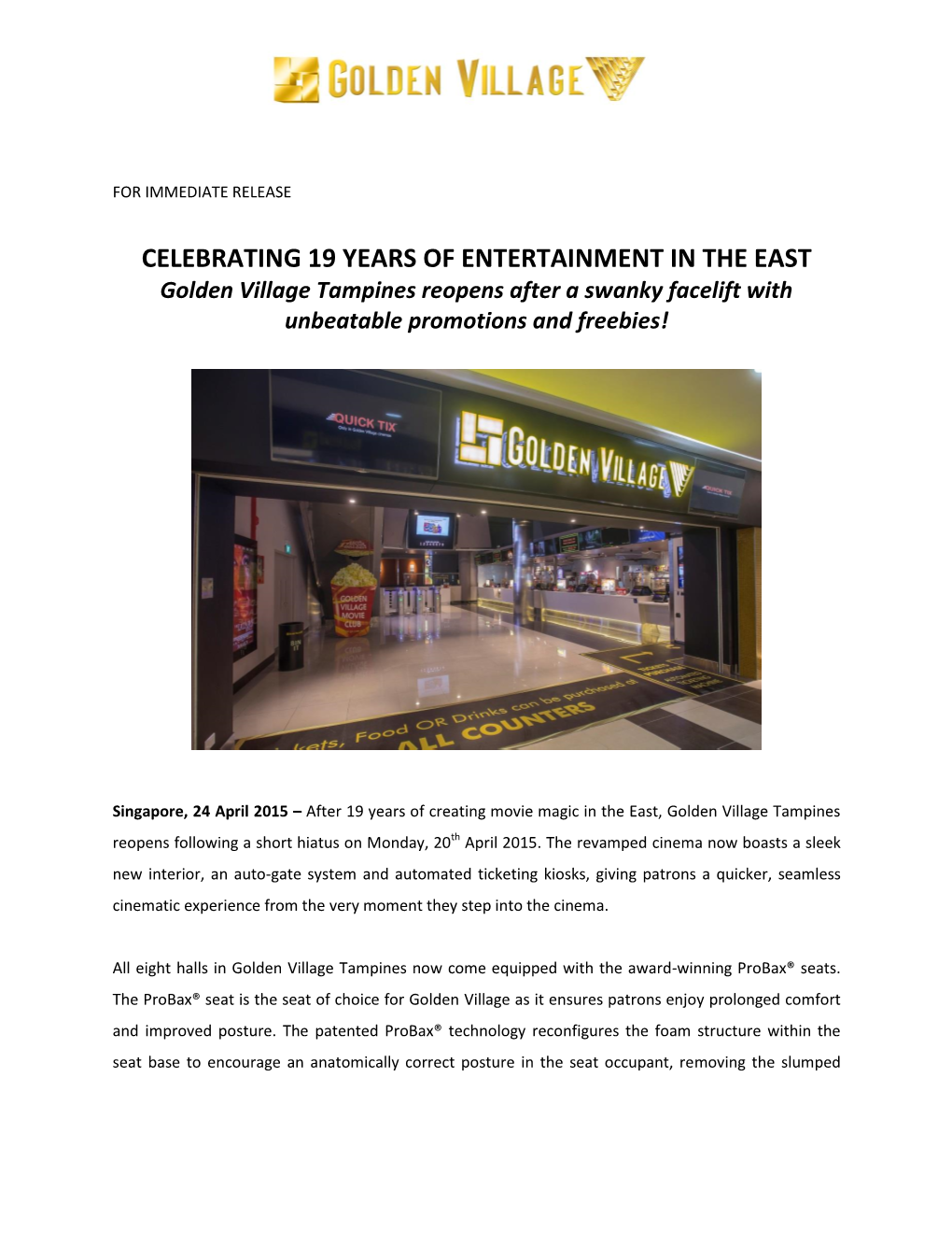 CELEBRATING 19 YEARS of ENTERTAINMENT in the EAST Golden Village Tampines Reopens After a Swanky Facelift with Unbeatable Promotions and Freebies!