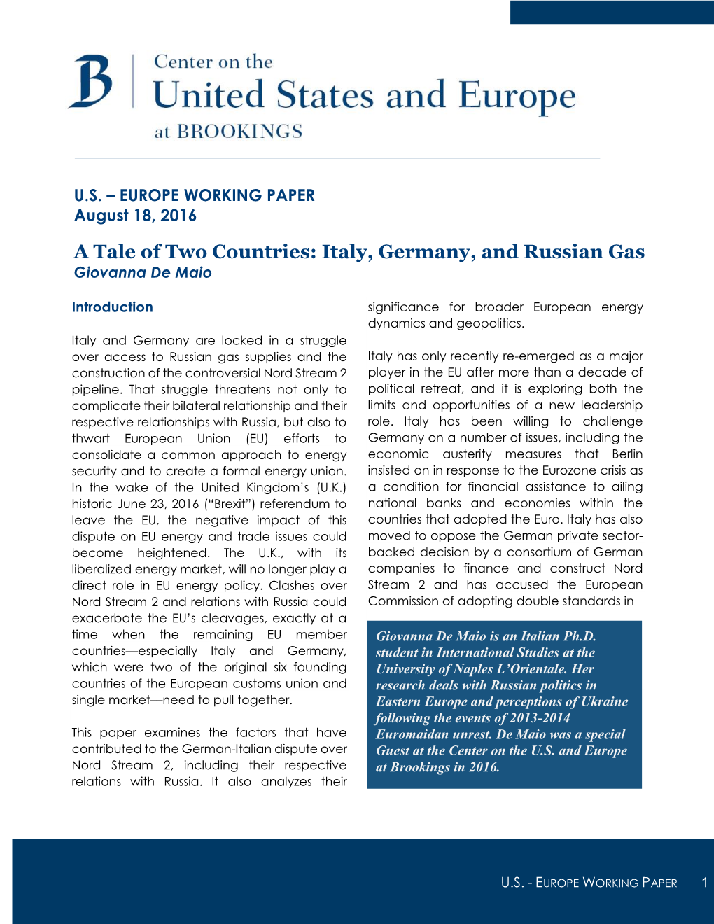 Italy, Germany, and Russian Gas Giovanna De Maio