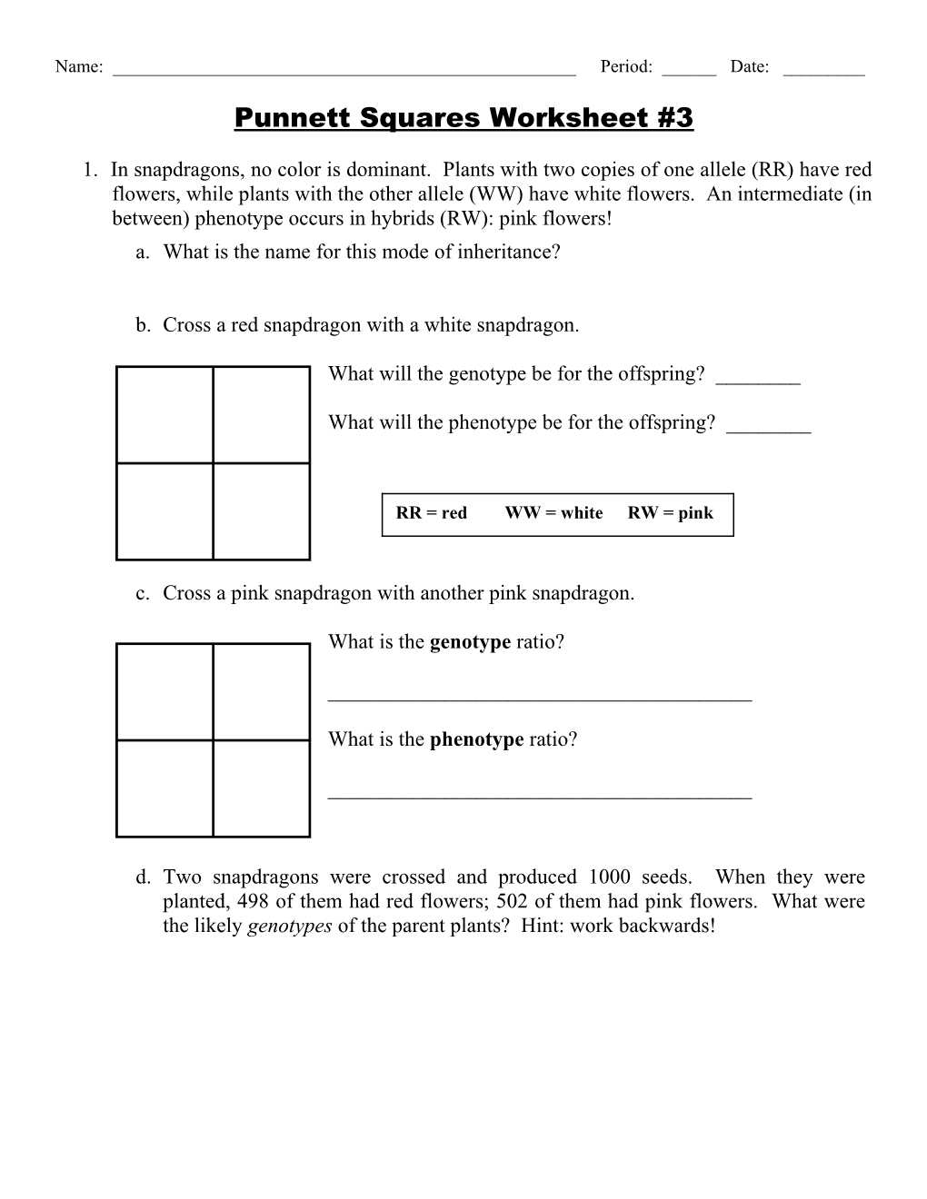 Punnett Squares Worksheet #3