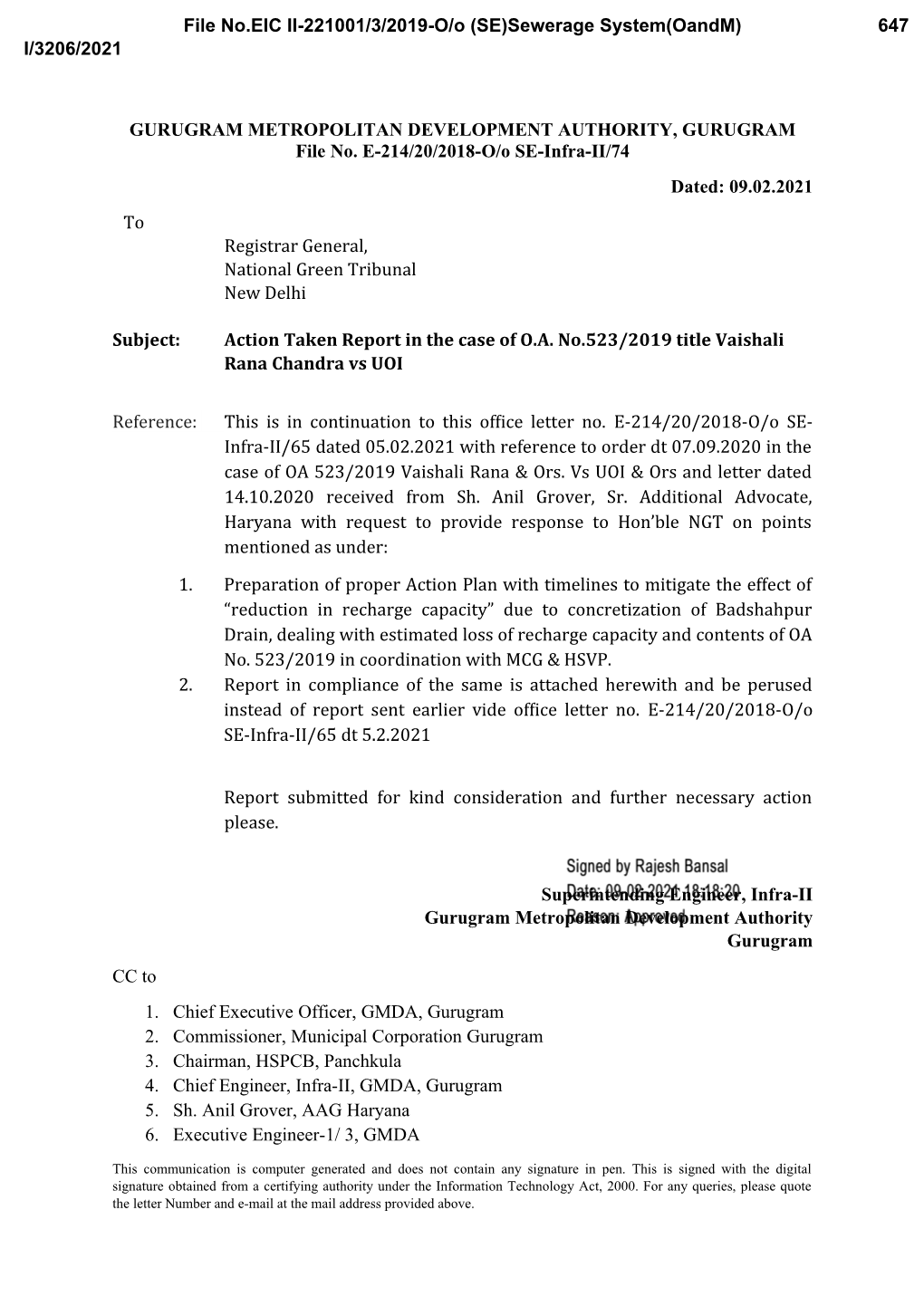 File No.EIC II-221001/3/2019-O/O (SE)Sewerage System(Oandm) 647 I/3206/2021