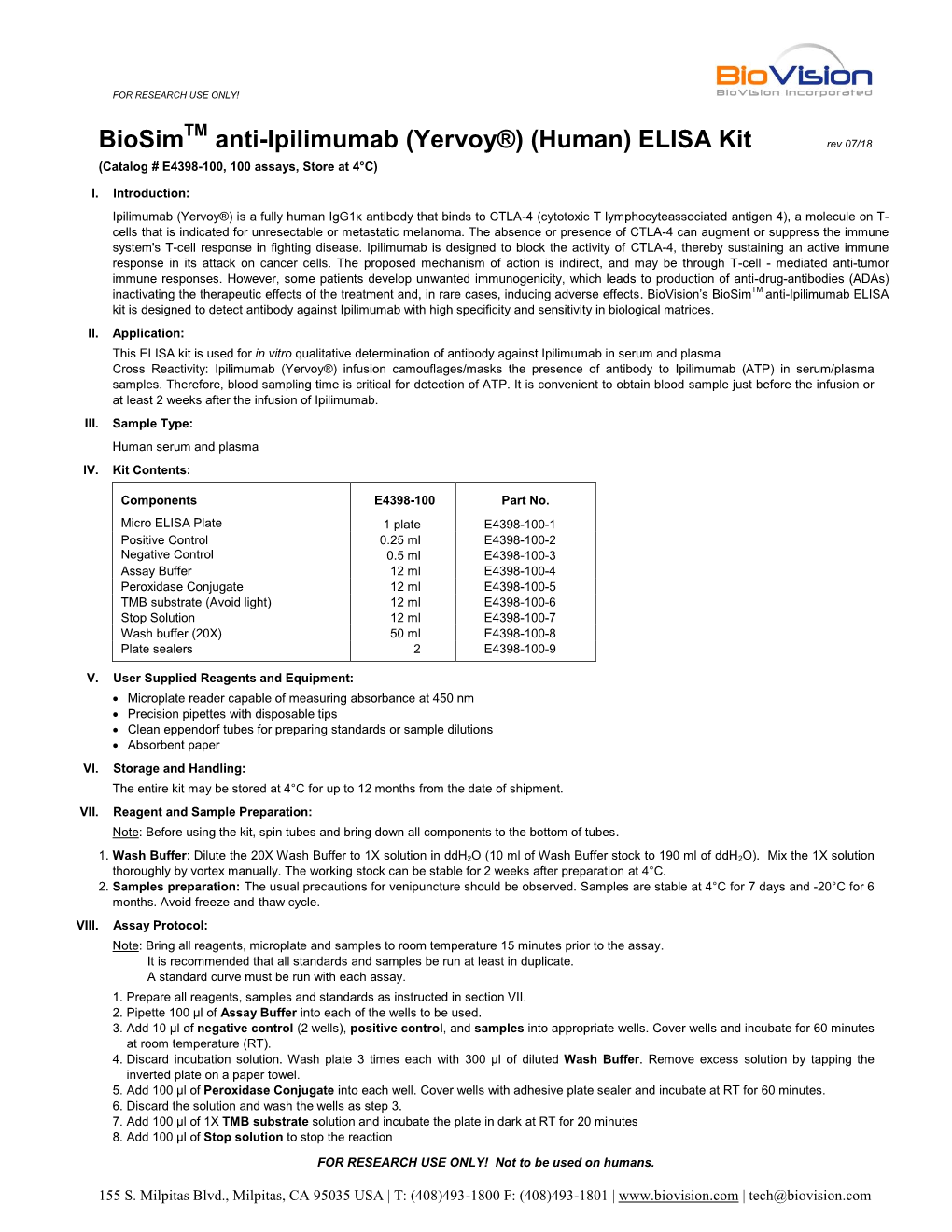 (Human) ELISA Kit Rev 07/18 (Catalog # E 4398 - 100, 100 Assays, Store at 4°C) I