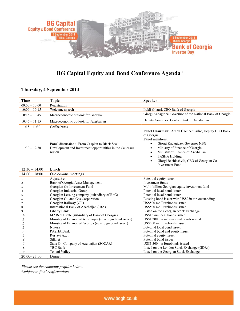 BG Capital Equity and Bond Conference Agenda*