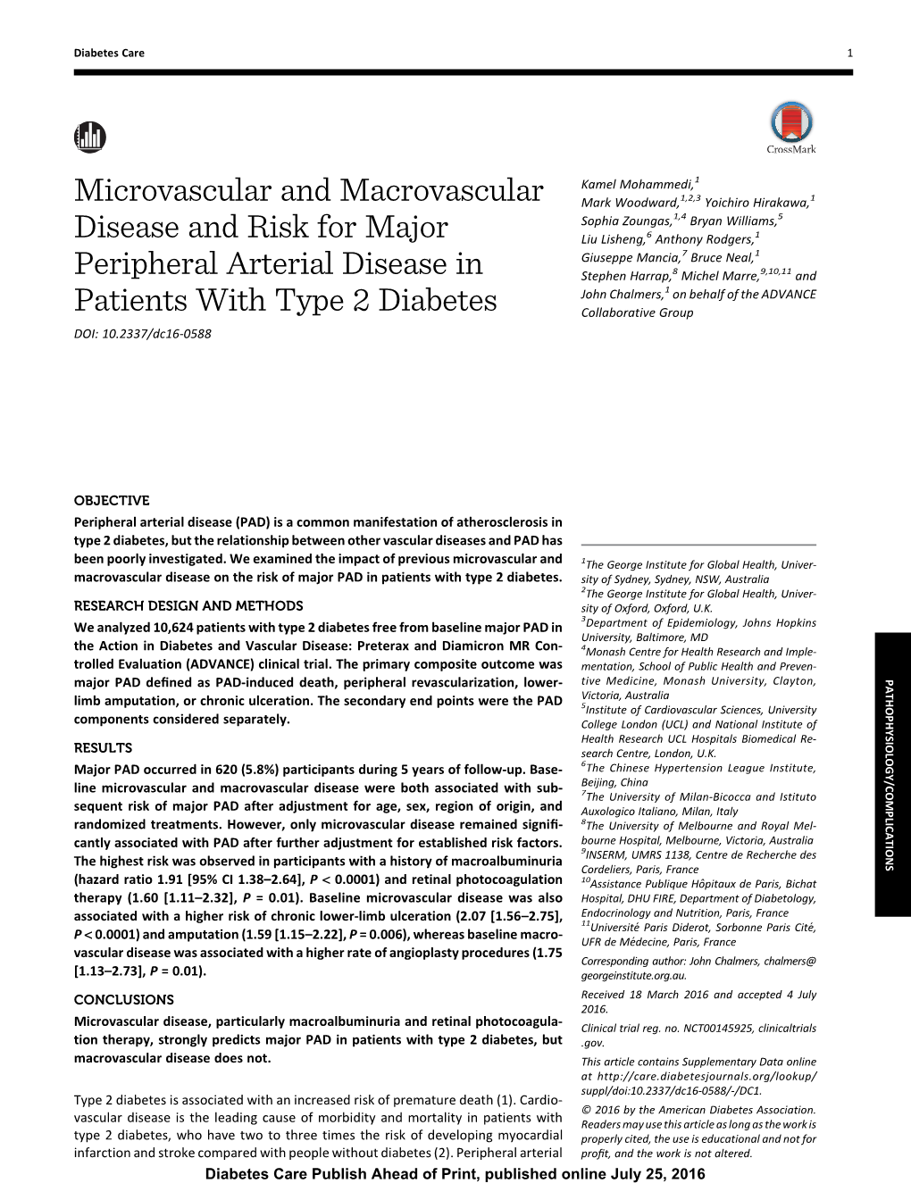 Microvascular and Macrovascular Disease and Risk for Major Peripheral Arterial Disease in Patients with Type 2 Diabetes