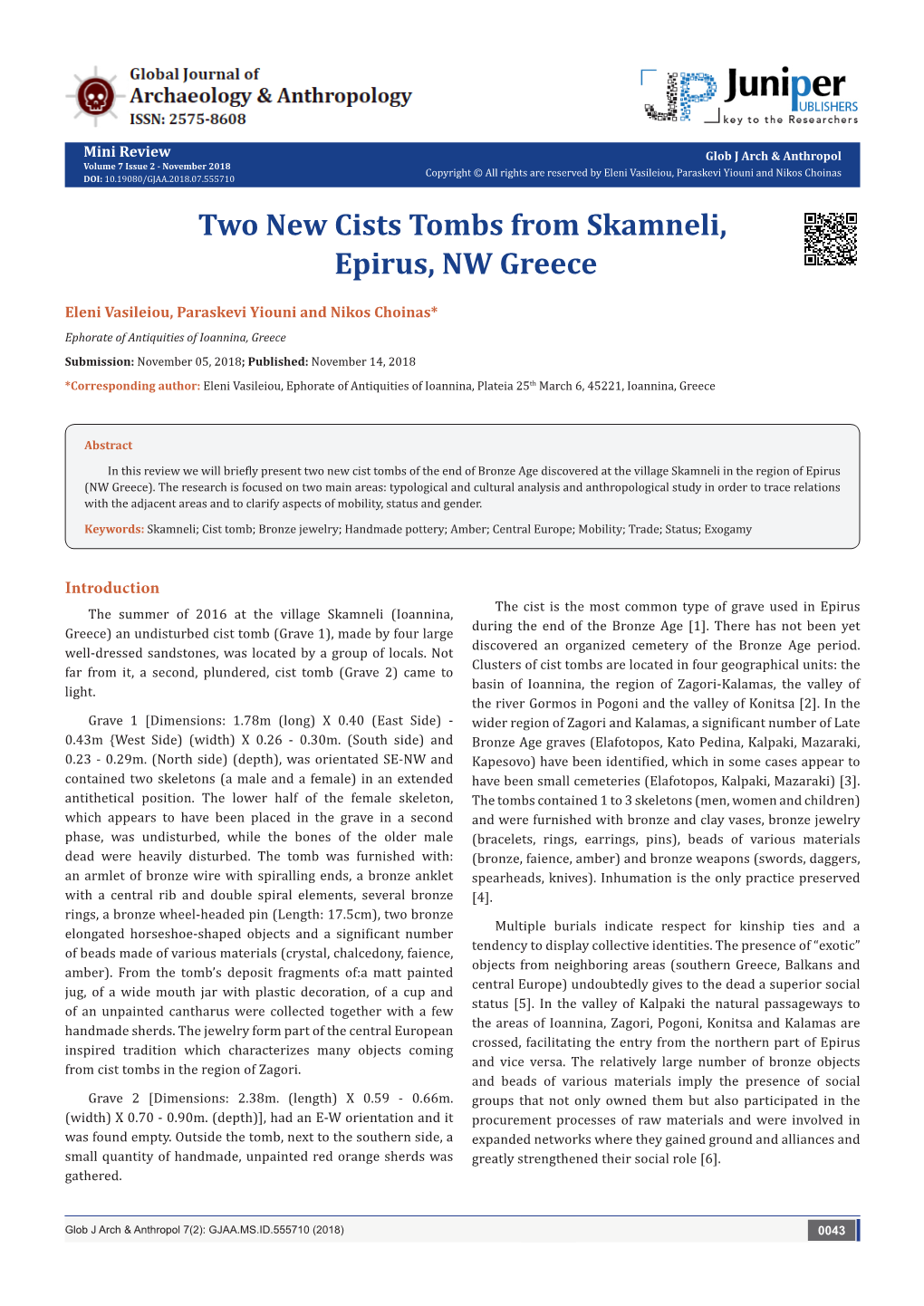 Two New Cists Tombs from Skamneli, Epirus, NW Greece