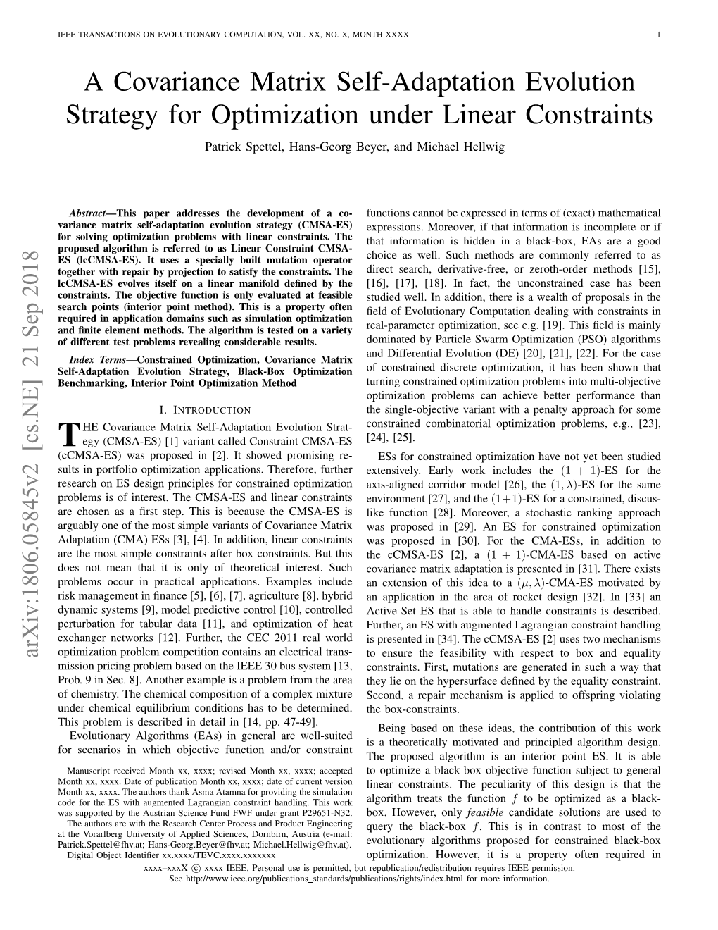 A Covariance Matrix Self-Adaptation Evolution Strategy for Optimization Under Linear Constraints Patrick Spettel, Hans-Georg Beyer, and Michael Hellwig