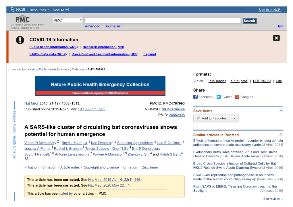 A SARS-Like Cluster of Circulating Bat Coronaviruses Shows Potential For