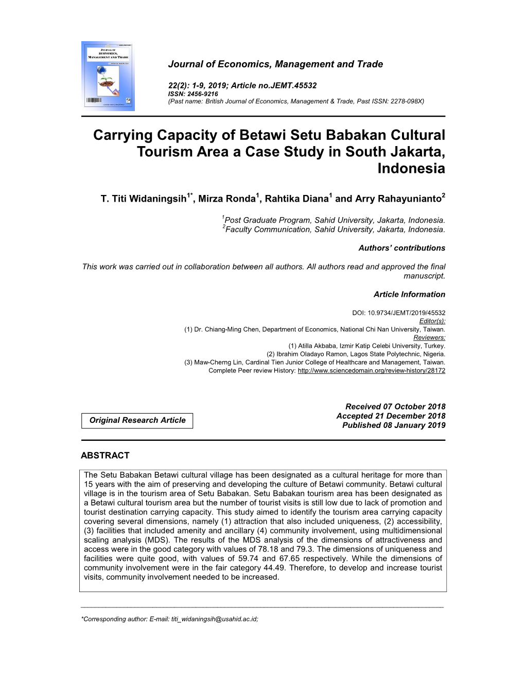 Carrying Capacity of Betawi Setu Babakan Cultural Tourism Area a Case Study in South Jakarta, Indonesia