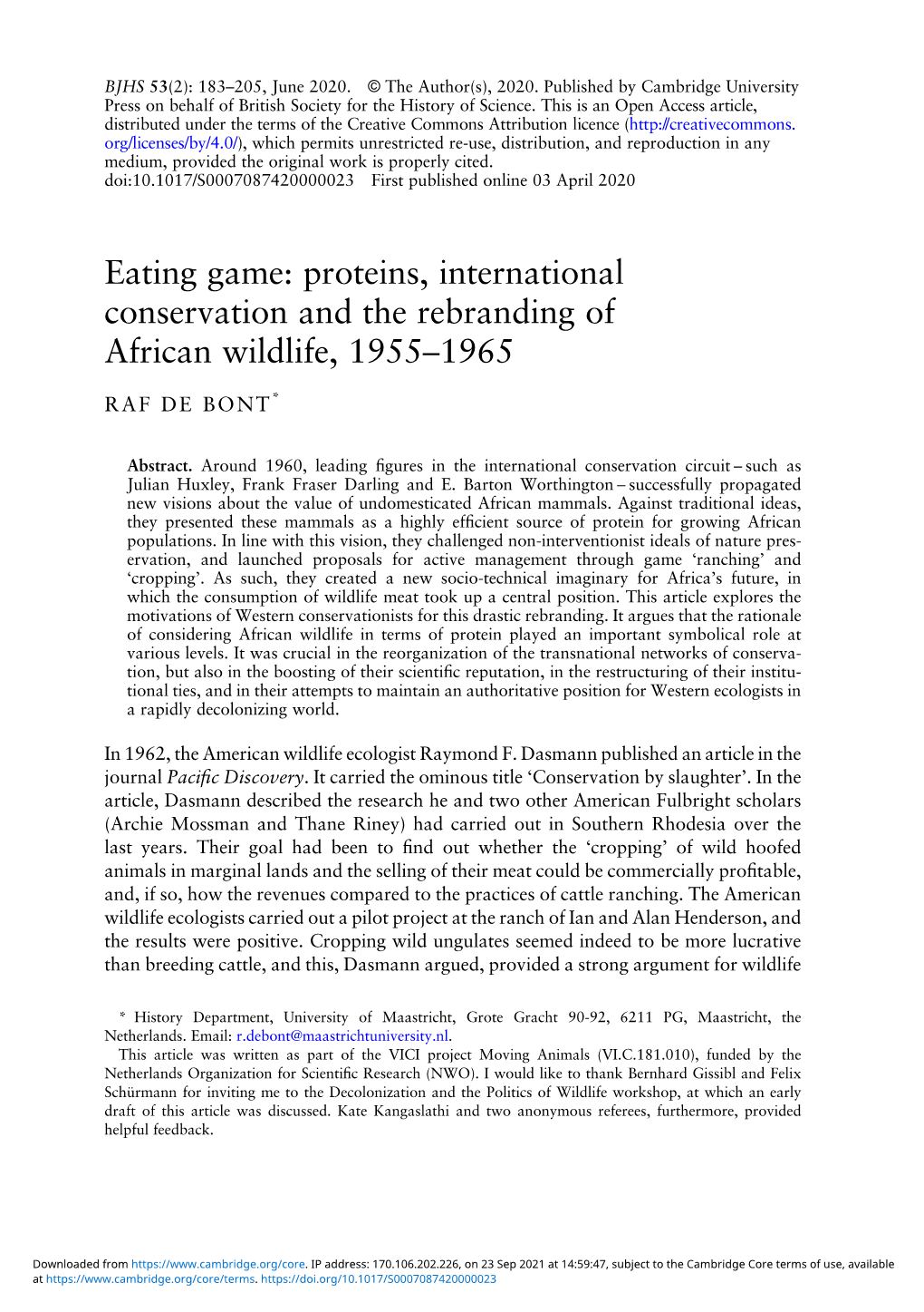 Eating Game: Proteins, International Conservation and the Rebranding of African Wildlife, 1955–1965