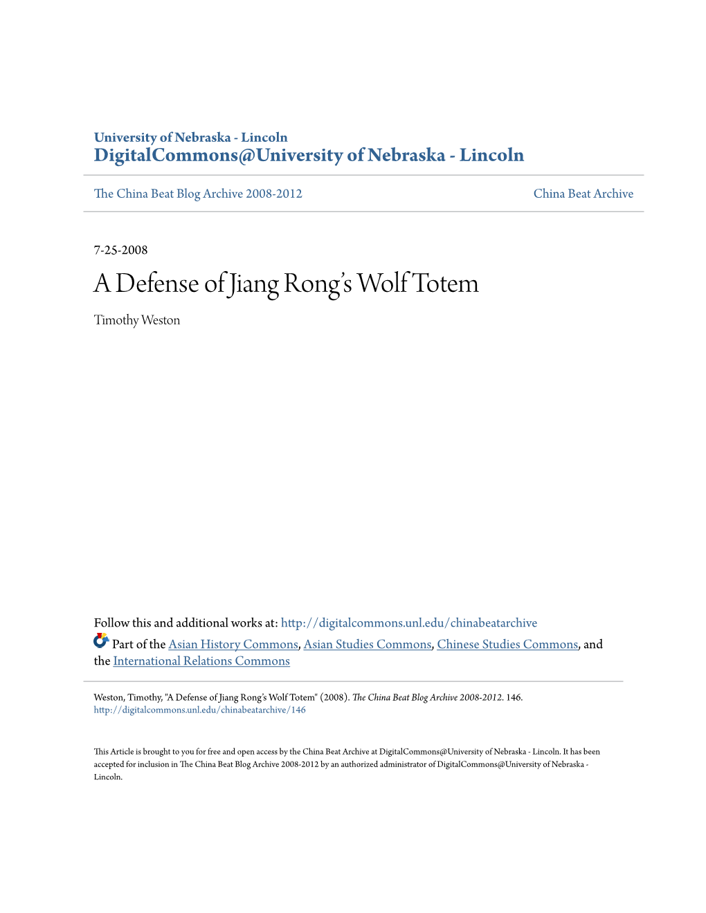 A Defense of Jiang Rong's Wolf Totem