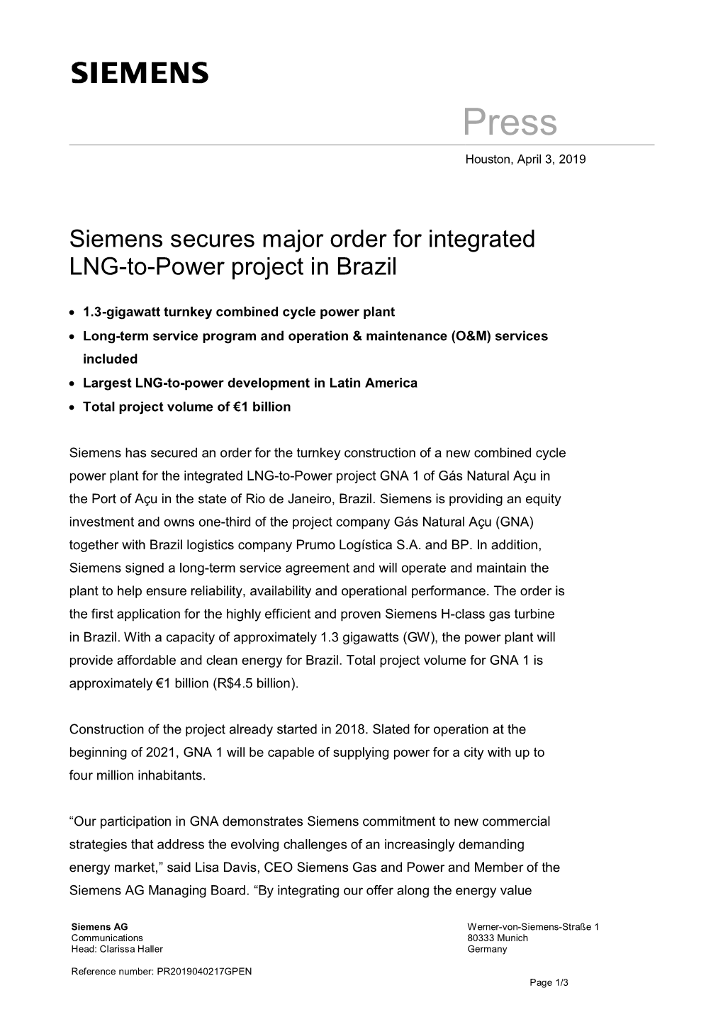 Siemens Secures Major Order for Integrated LNG-To-Power Project in Brazil