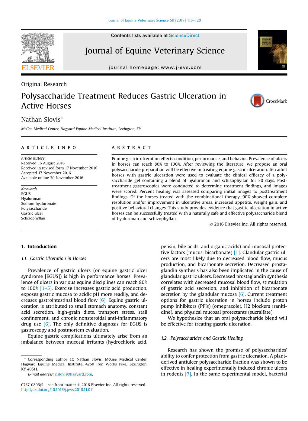 Polysaccharide Treatment Reduces Gastric Ulceration in Active Horses