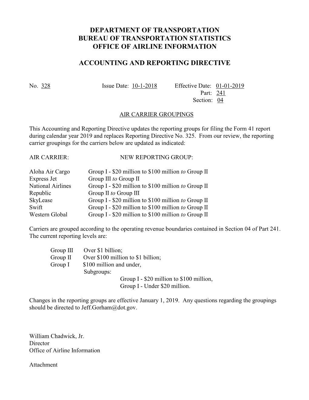 Department of Transportation Bureau of Transportation Statistics Office of Airline Information