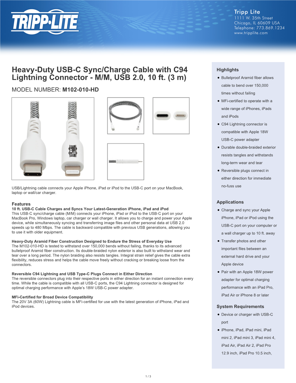 Heavy-Duty USB-C Sync/Charge Cable with C94 Lightning Connector