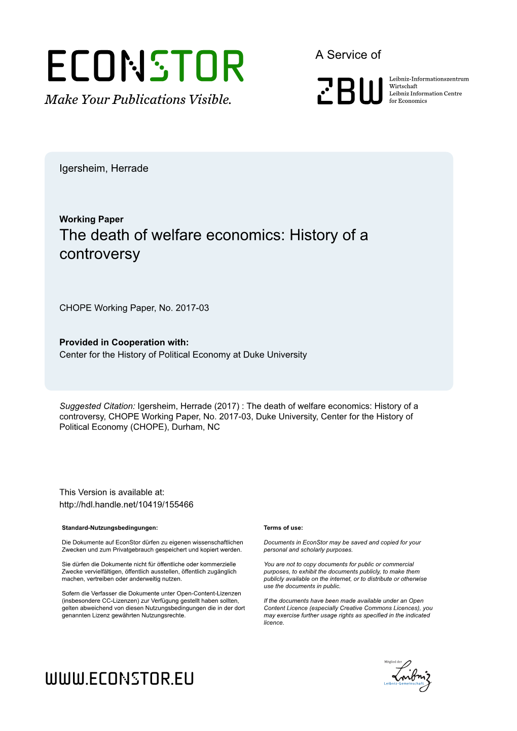 The Death of Welfare Economics: History of a Controversy