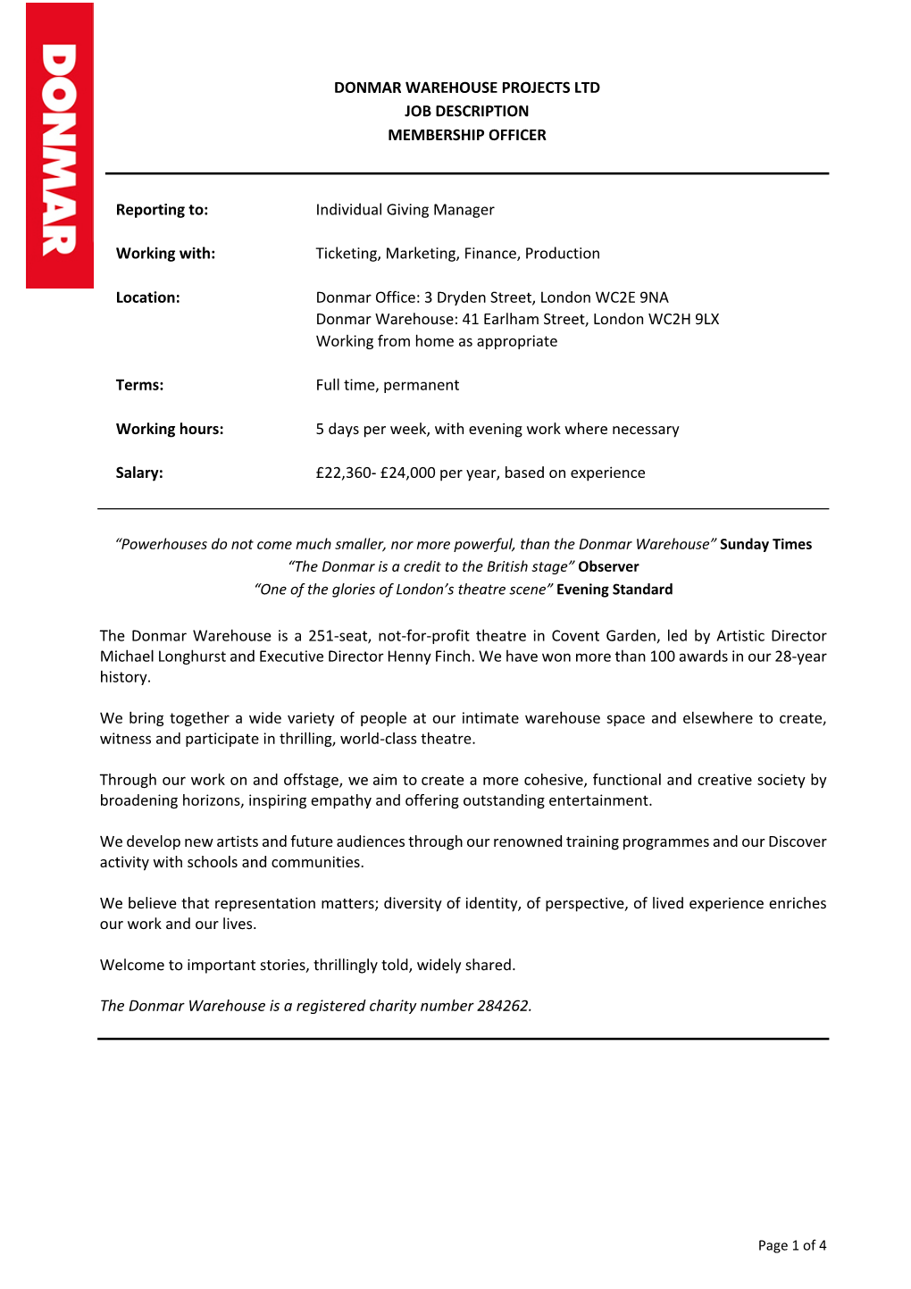 Donmar Warehouse Projects Ltd Job Description Membership Officer